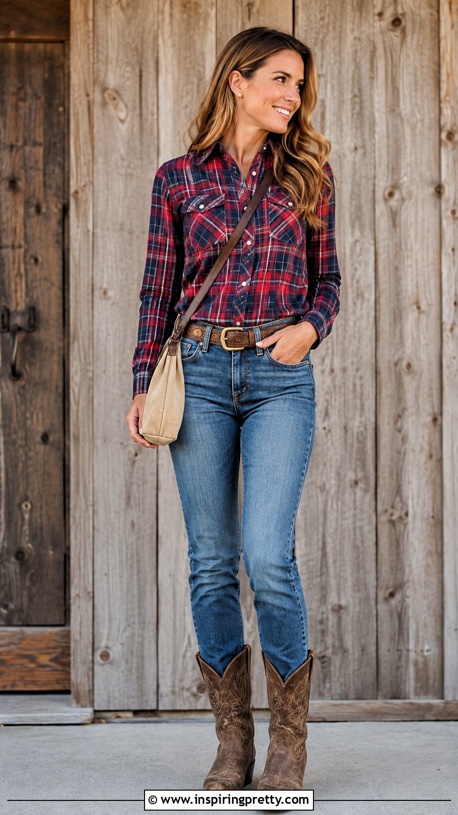Plaid Western Shirt With High Rise Jeans - 50 western tops designs for jeans