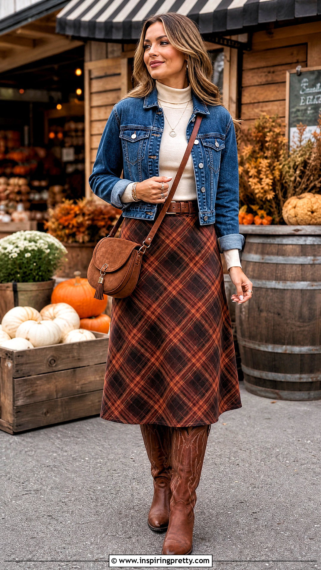 Plaid Western Skirt And Fitted Turtleneck - 50 western skirt and top outfit ideas