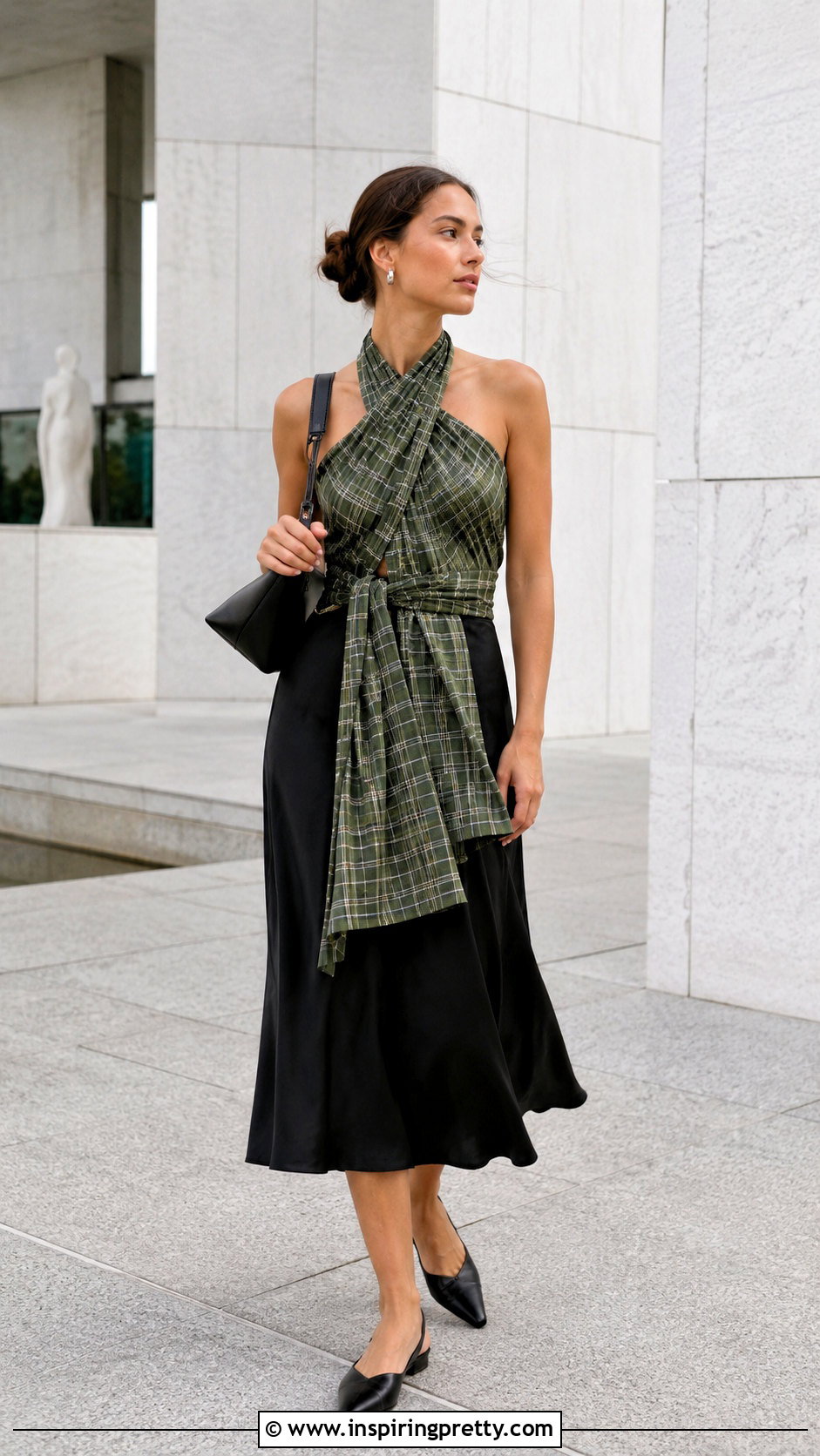 Plaid Wrap Halter Top With Black Midi Skirt - 20 Plaid Halter Top Made From Shirt ideas