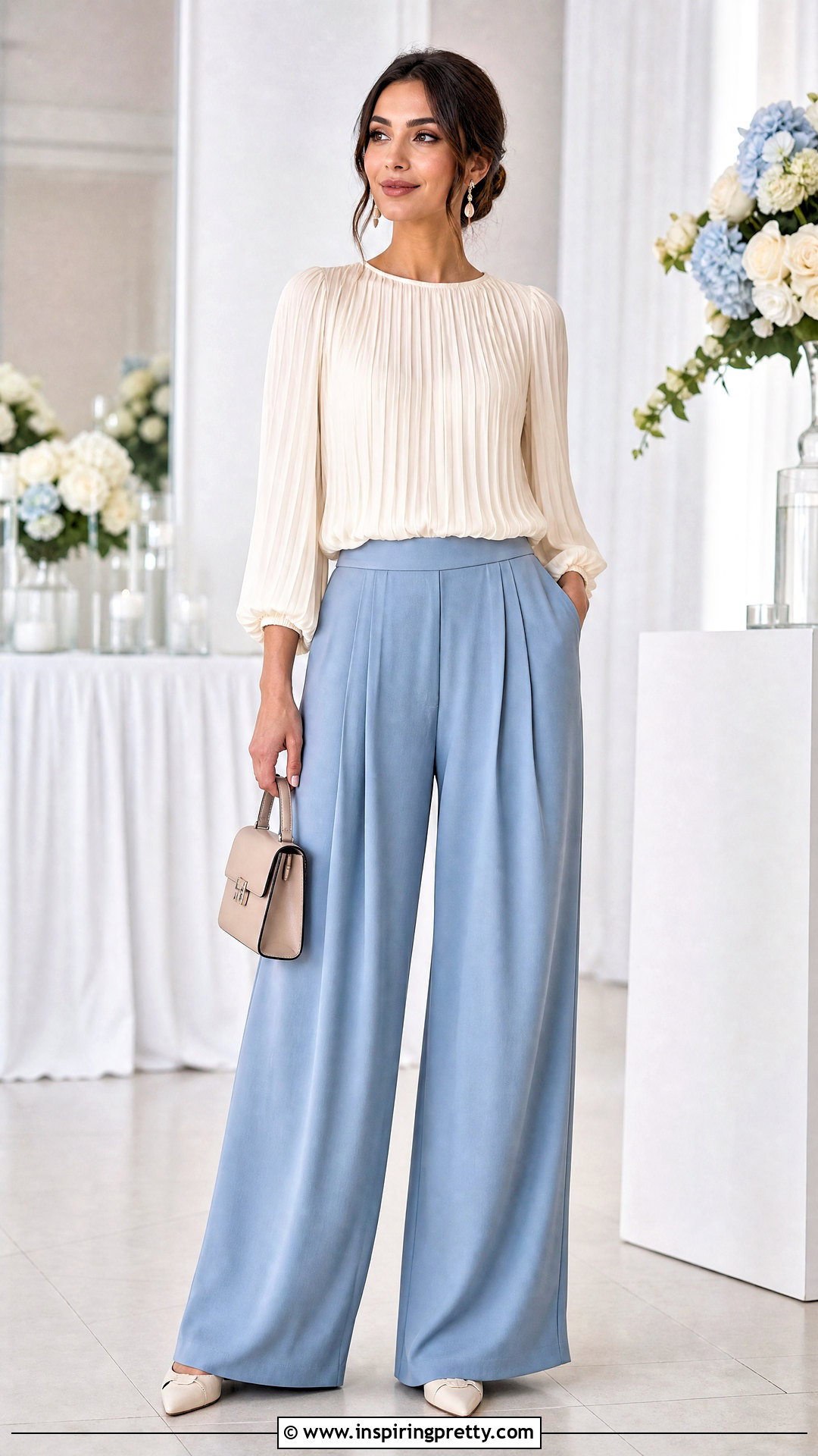 Pleated Blouse Top With Flowing Trousers - 50 modest summer tops outfit ideas