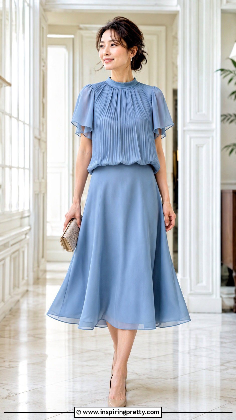 Pleated Chiffon Blouse With A Line Midi Skirt - 50 formal tops outfit ideas