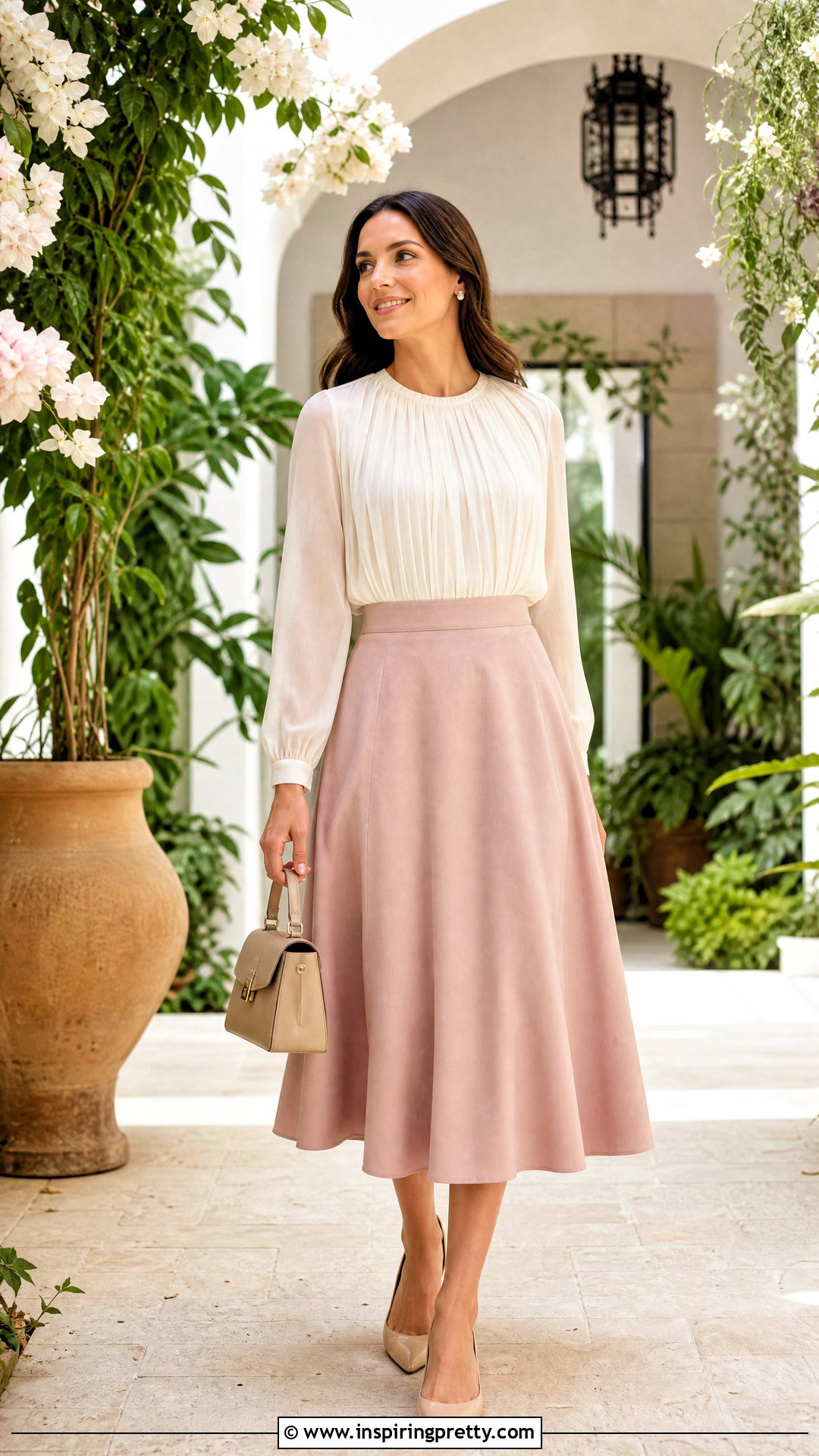 Pleated Chiffon Blouse With A Line Midi Skirt - 50 chiffon tops blouses classy outfits