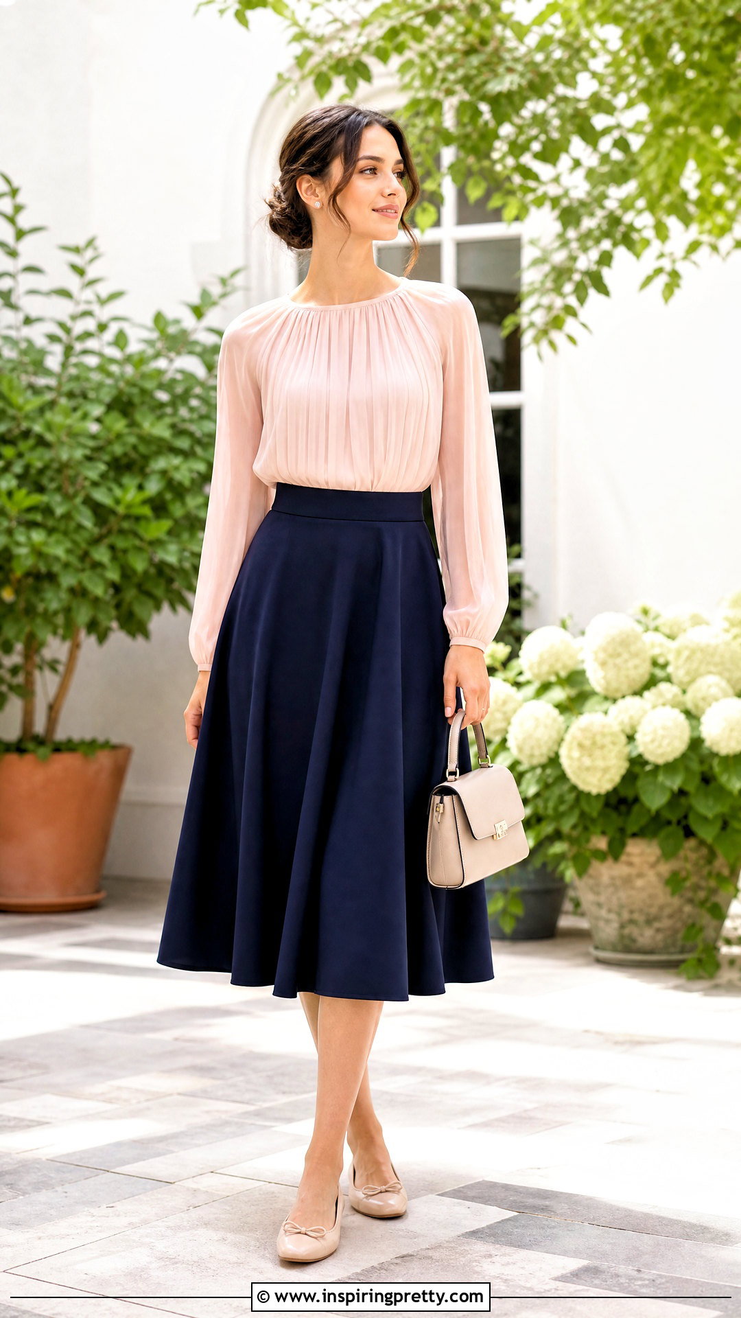 Pleated Chiffon Top With A Line Skirt - 50 chiffon top styles