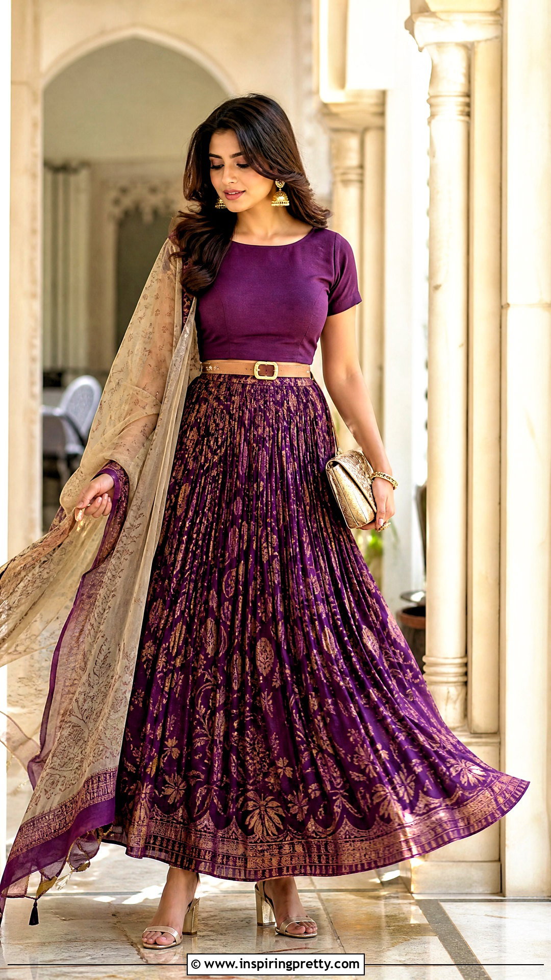Pleated Ethnic Skirt And Fitted Blouse Outfit - 50 traditional skirt and top outfit ideas