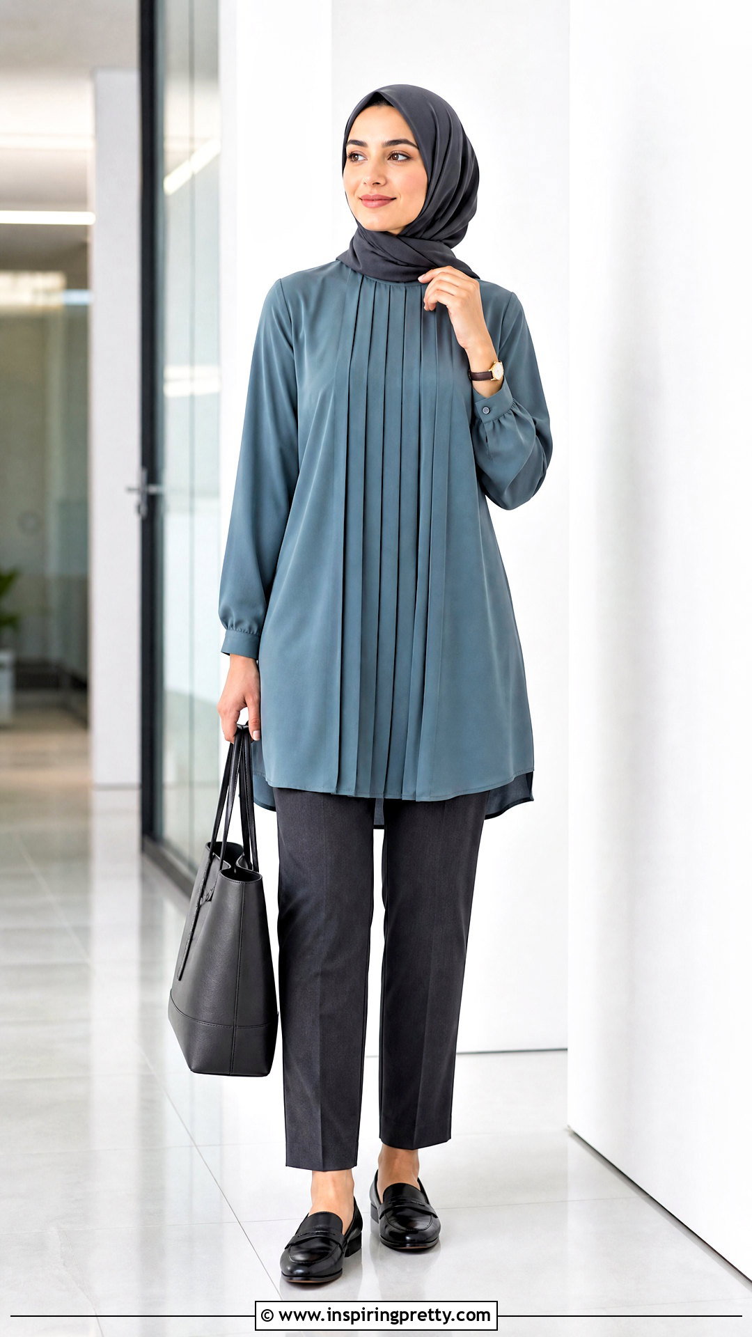 Pleated Front Long Top With Tailored Trousers - 50 long tops designs for muslims