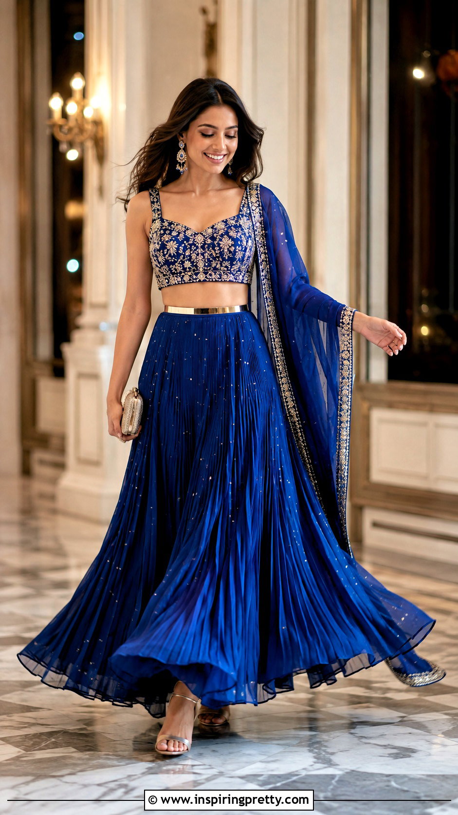 Pleated Lehenga Crop Top Outfit - 50 party wear lehenga crop tops outfit ideas