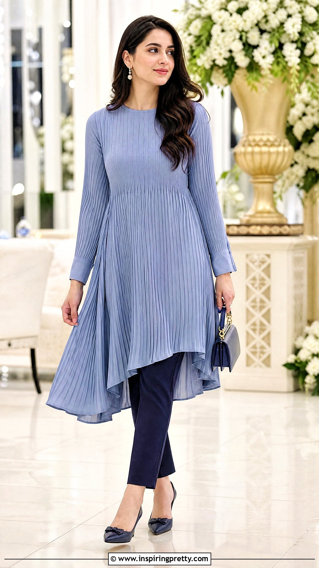 Pleated Long Top With Slim Pants - 50 long tops designs