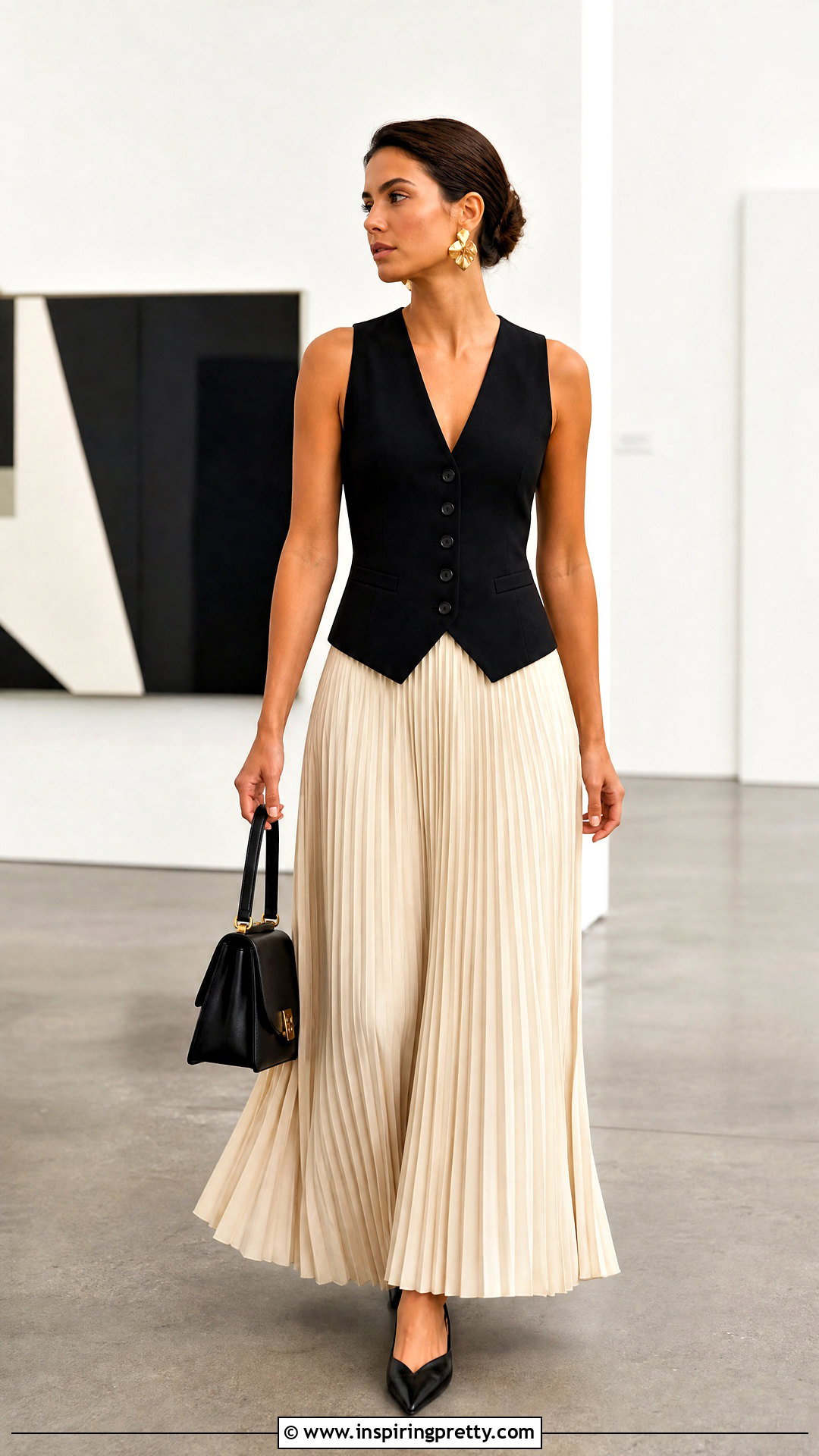 Pleated Maxi Skirt With Tailored Vest Top - 50 pleated skirt and top outfit ideas
