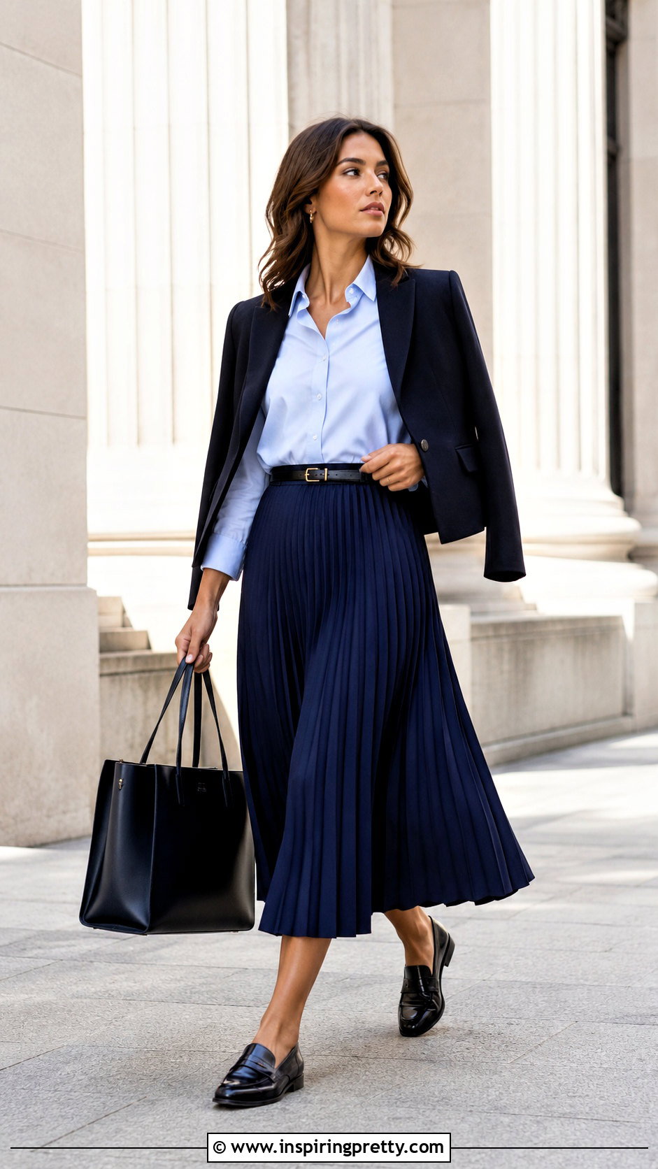 Pleated Midi Skirt And Blue Button Down Shirt - 20 Professional Skirt And Top outfit ideas