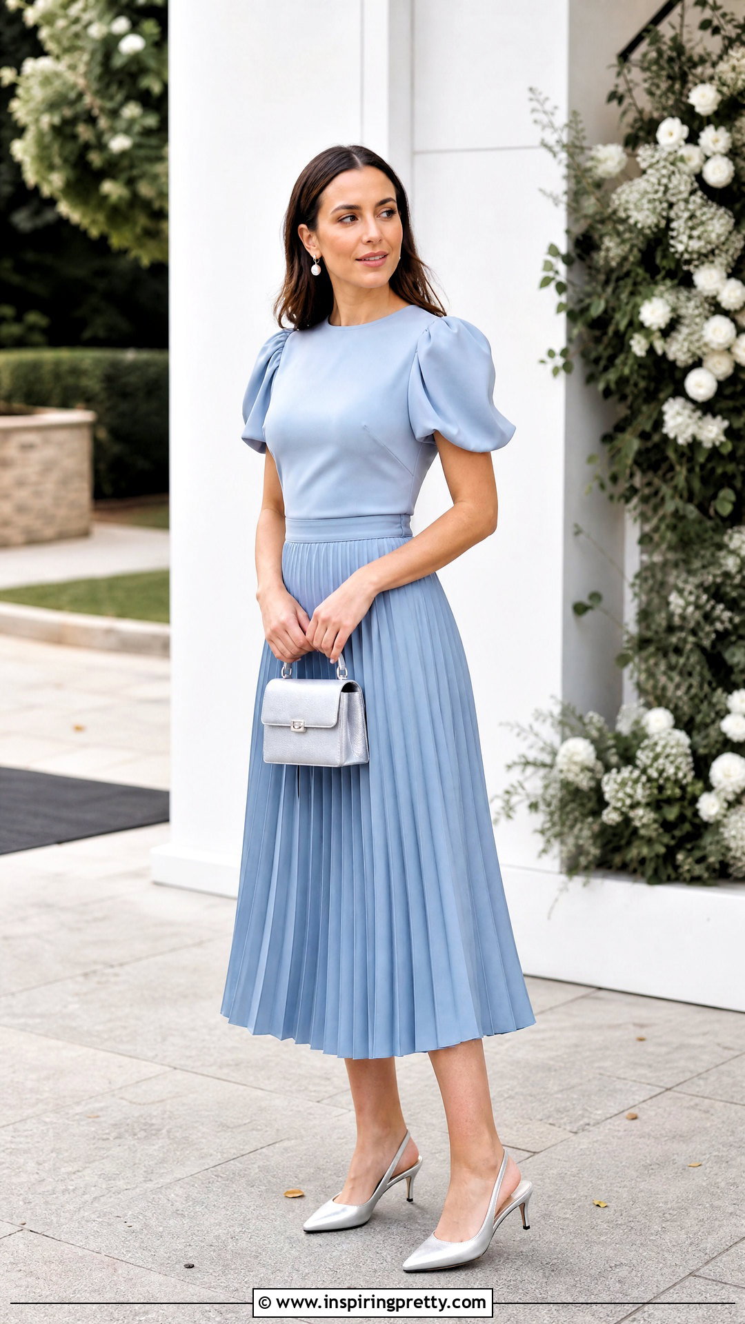 Pleated Midi Skirt And Puff Sleeve Blouse - 50 wedding guest skirt and top outfit ideas