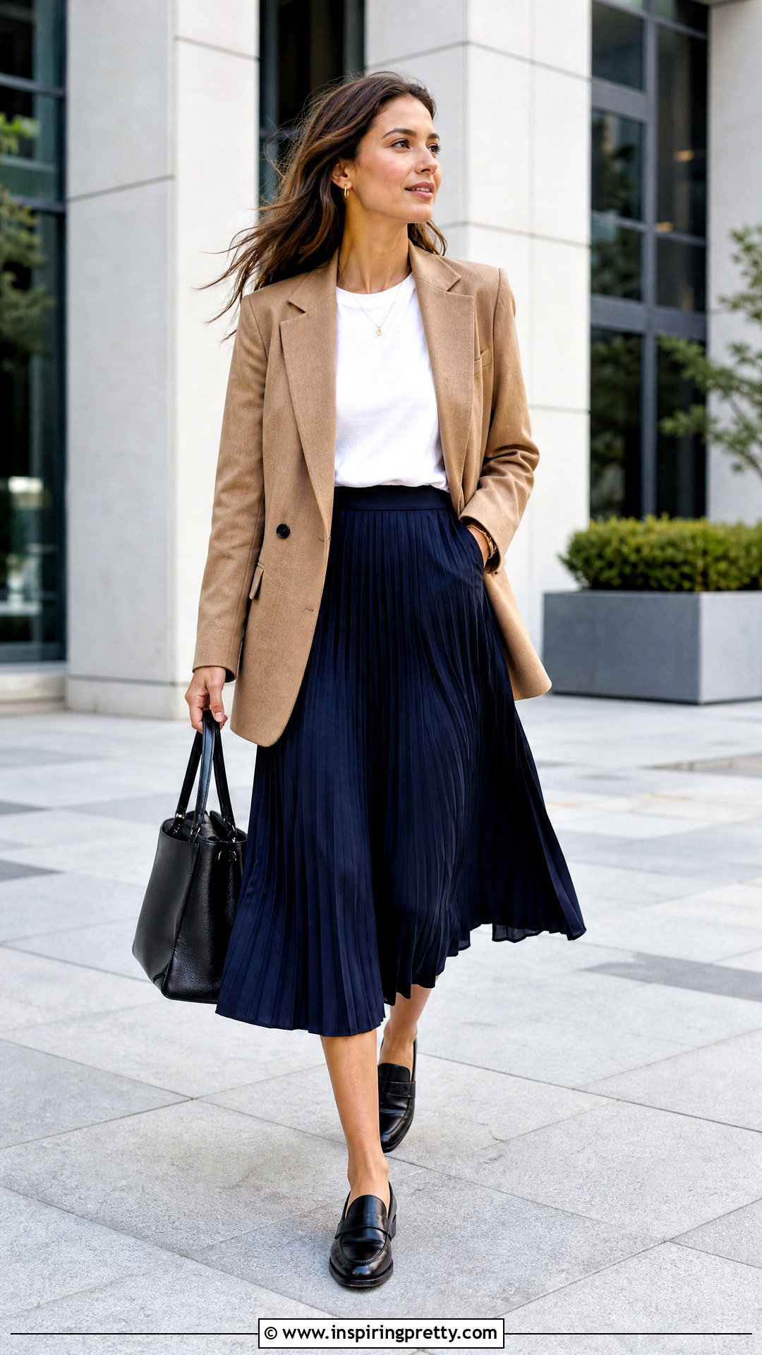 Pleated Midi Skirt With T Shirt And Blazer - 50 top skirt outfit ideas