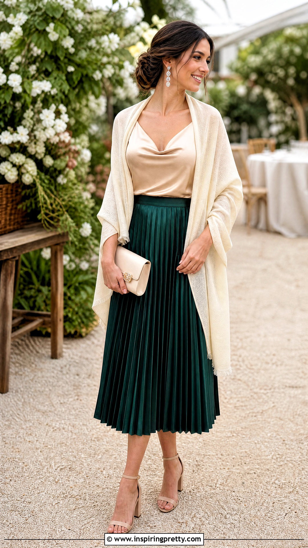 Pleated Skirt And Satin Blouse Wedding Guest Outfit - 50 pleated skirt and top outfit ideas