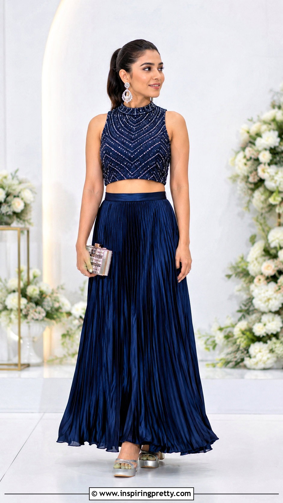 Pleated Skirt With High Neck Crop Top - 20 skirt with crop top indian outfit ideas
