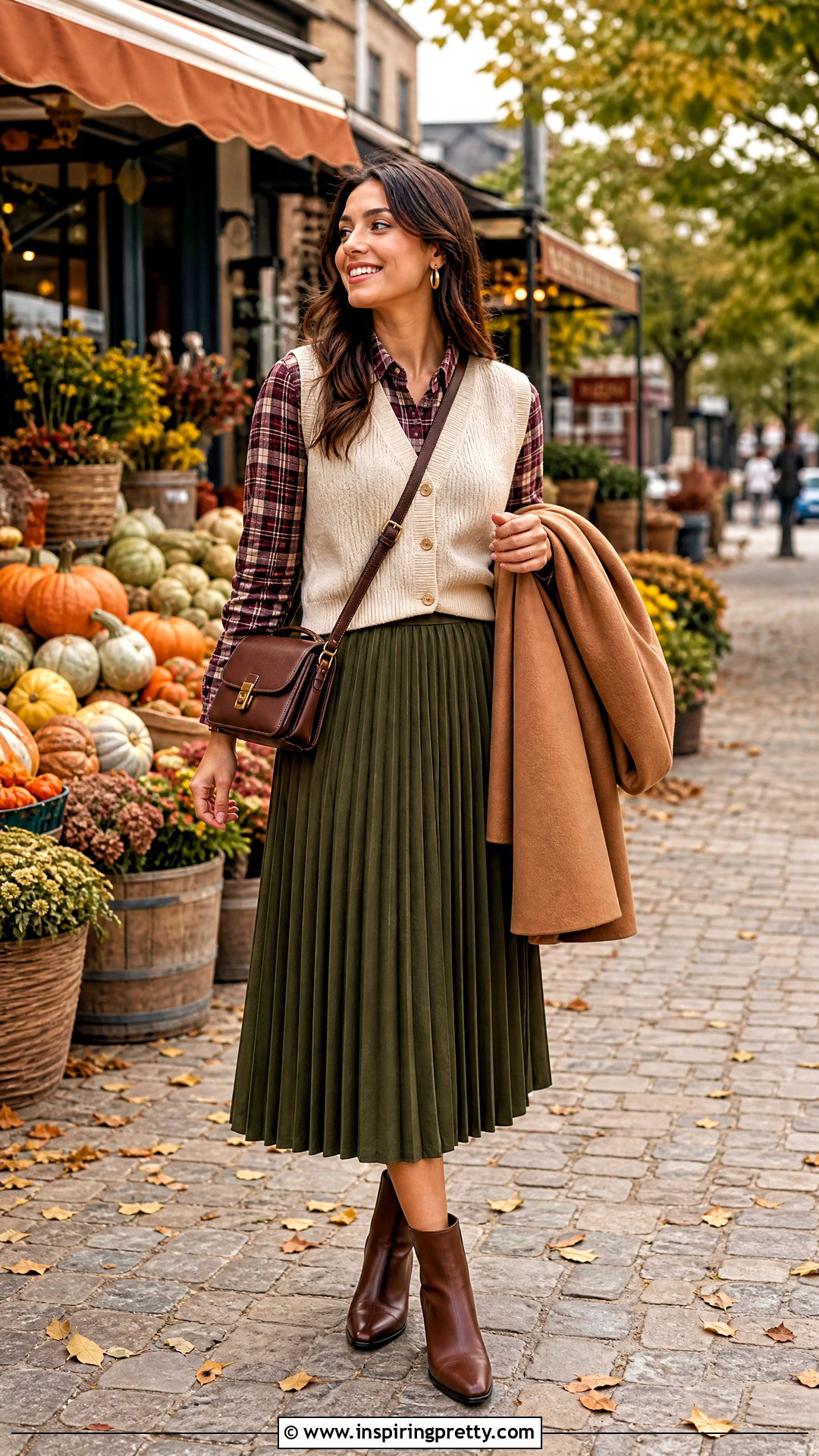 Pleated Skirt With Plaid Shirt And Sweater Vest - 50 pleated skirt and top outfit ideas