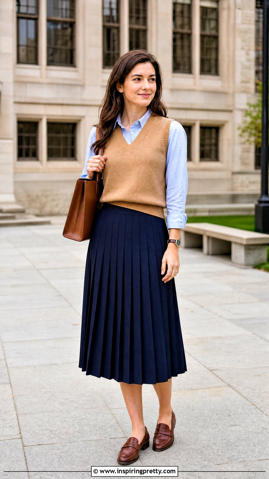 Pleated Skirt With Sweater Vest And Shirt - 50 pleated skirt and top outfit ideas