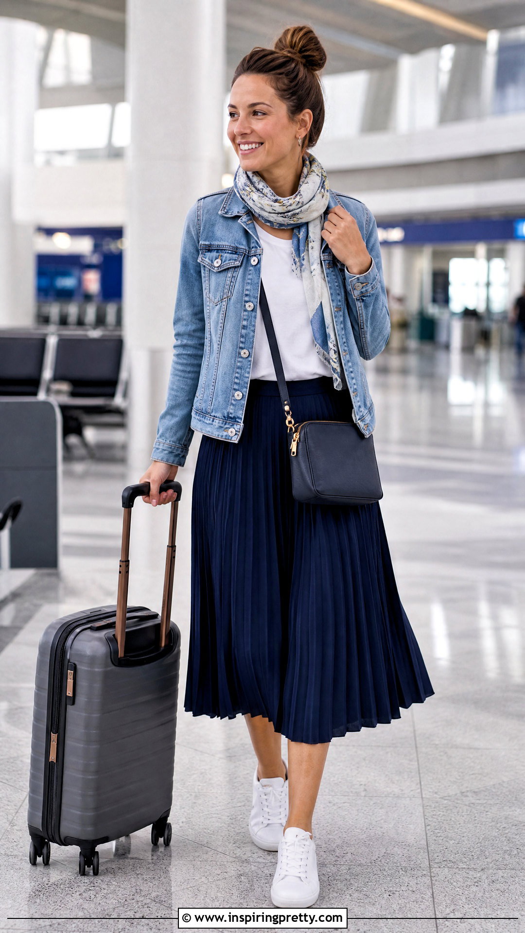 Pleated Skirt With T Shirt And Denim Jacket For Travel - 50 pleated skirt and top outfit ideas