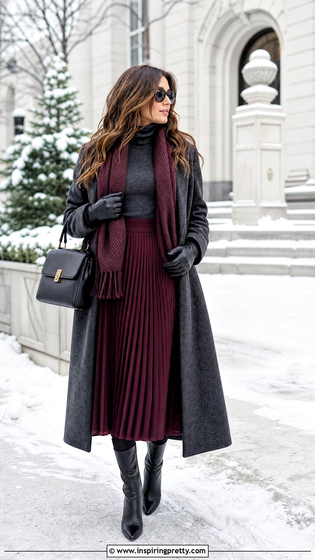 Pleated Skirt With Turtleneck And Coat For Winter - 50 pleated skirt and top outfit ideas
