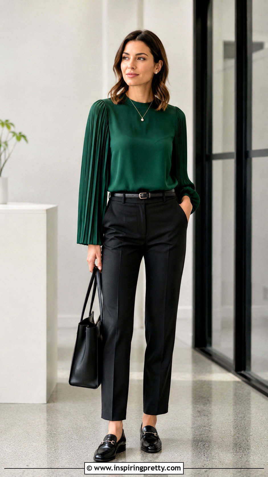 Pleated Sleeve Top With Black Trousers - 20 Pleated Sleeve Fashion Top outfit ideas