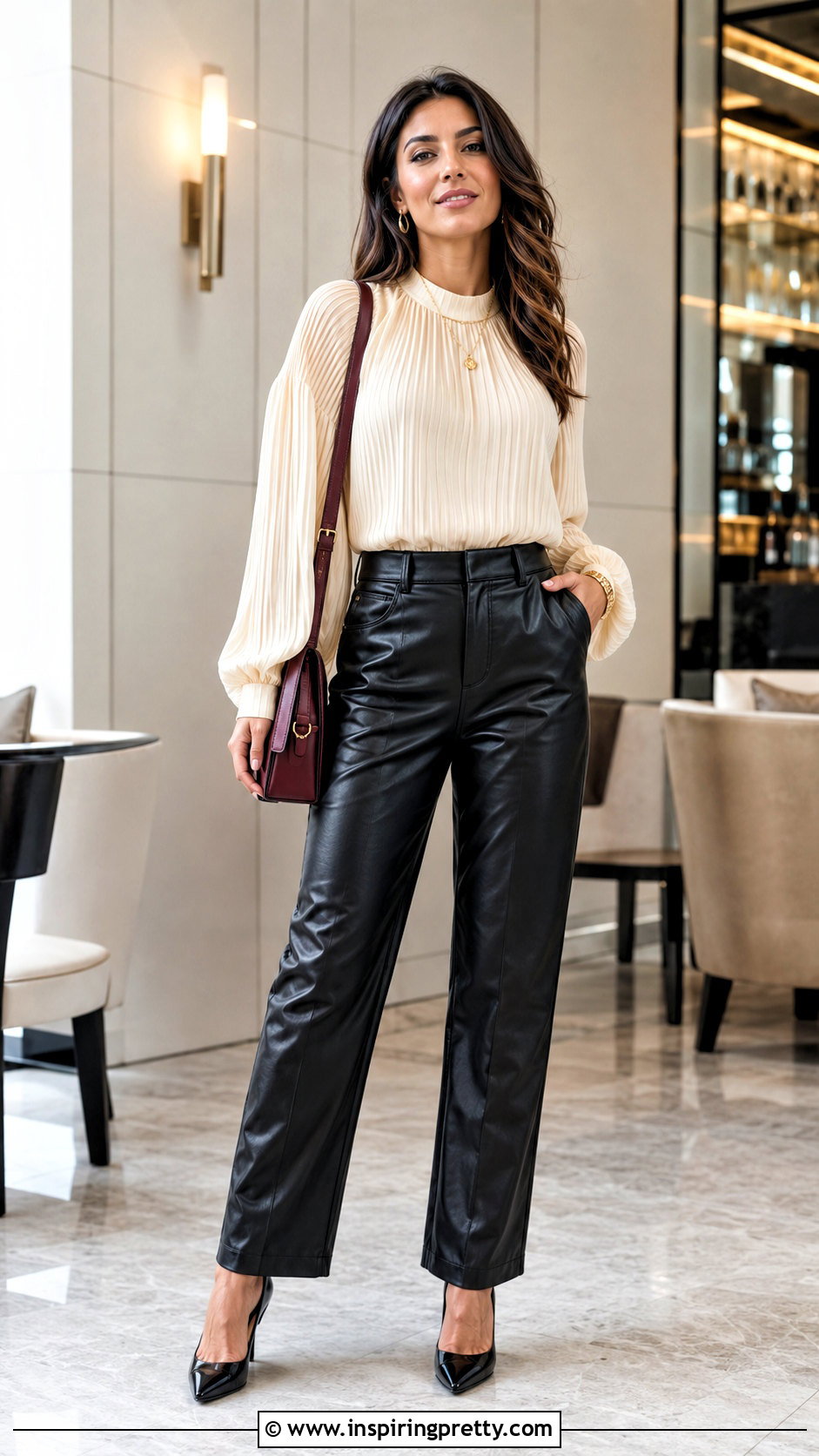 Pleated Sleeve Top With Leather Pants - 20 Pleated Sleeve Fashion Top outfit ideas