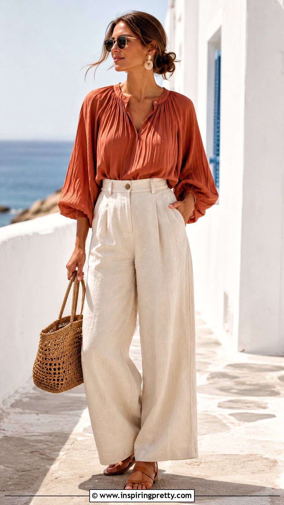 Pleated Sleeve Top With Linen Pants - 20 Pleated Sleeve Fashion Top outfit ideas