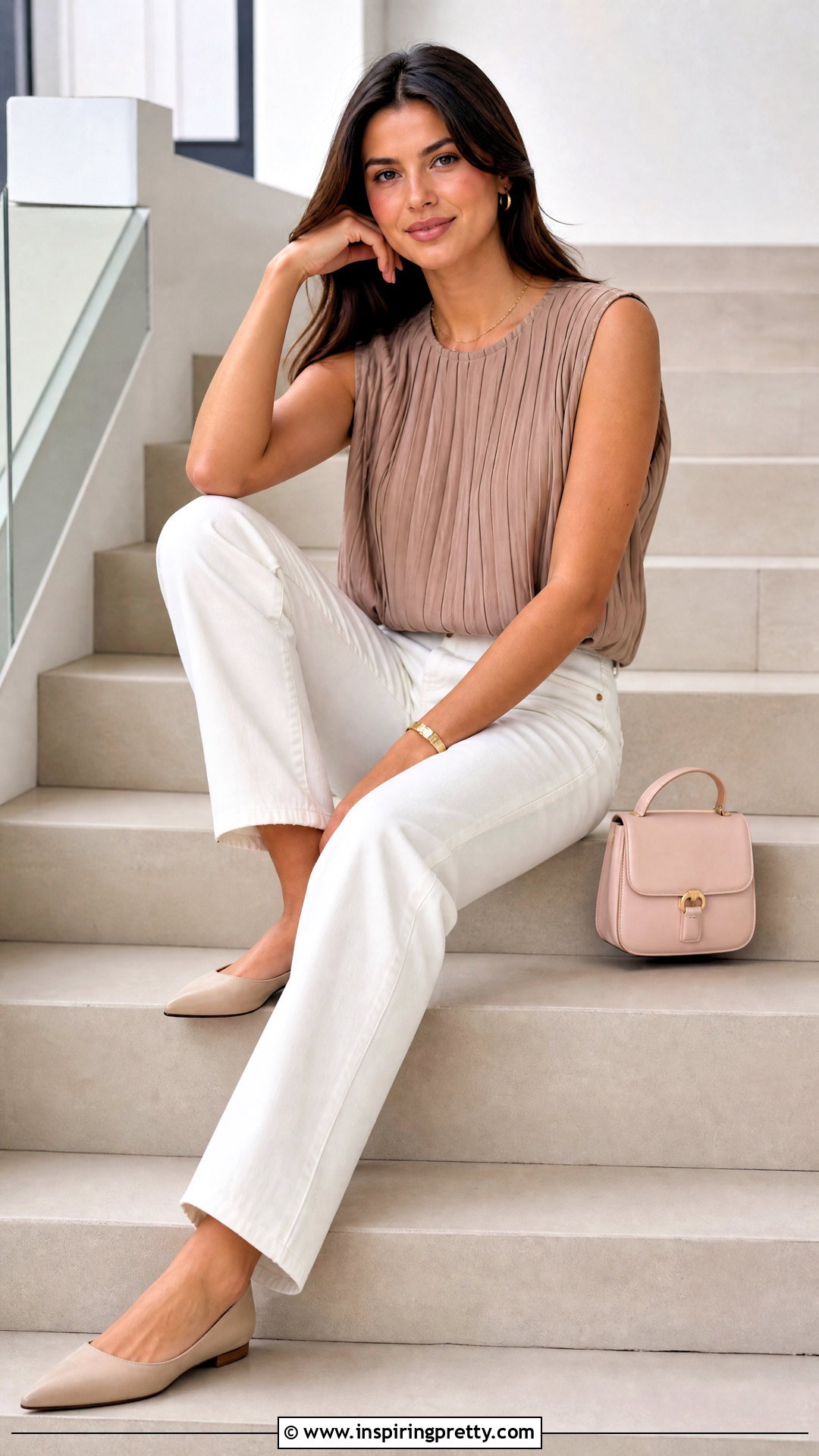 Pleated Top And White Jeans Step Sitting Pose - 50 Poses In Jeans Top Aesthetic Ideas
