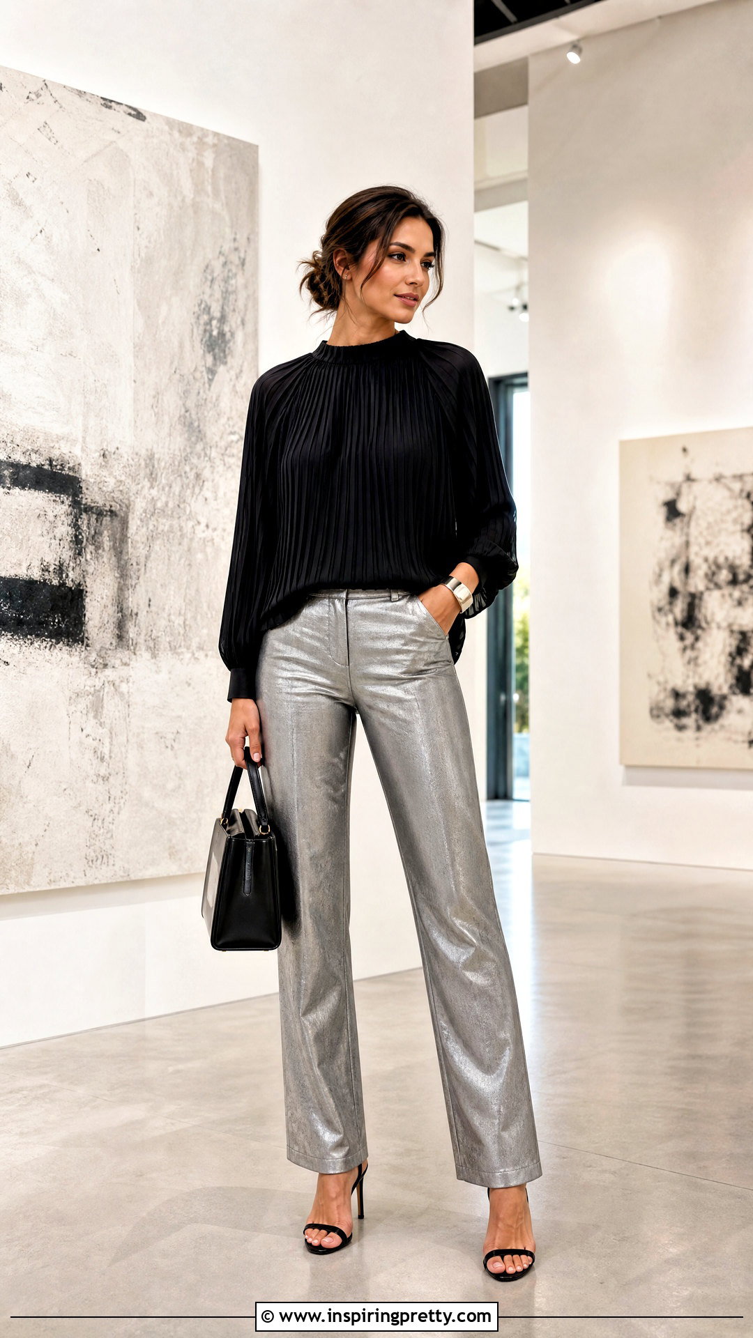 Pleated Top With Metallic Pants - 50 pleated top outfit ideas