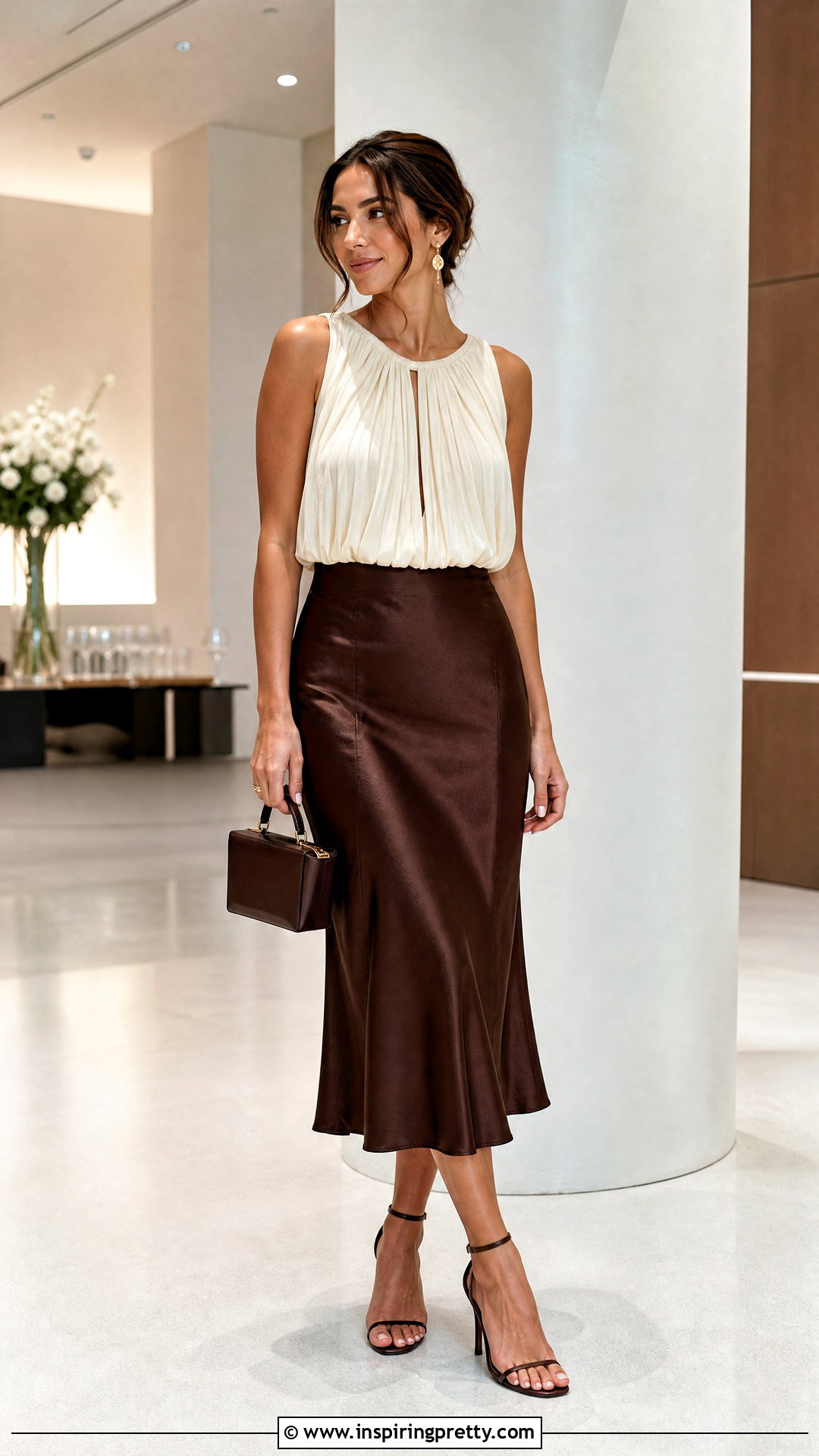Pleated Top With Satin Midi Skirt - 50 pleated top outfit ideas