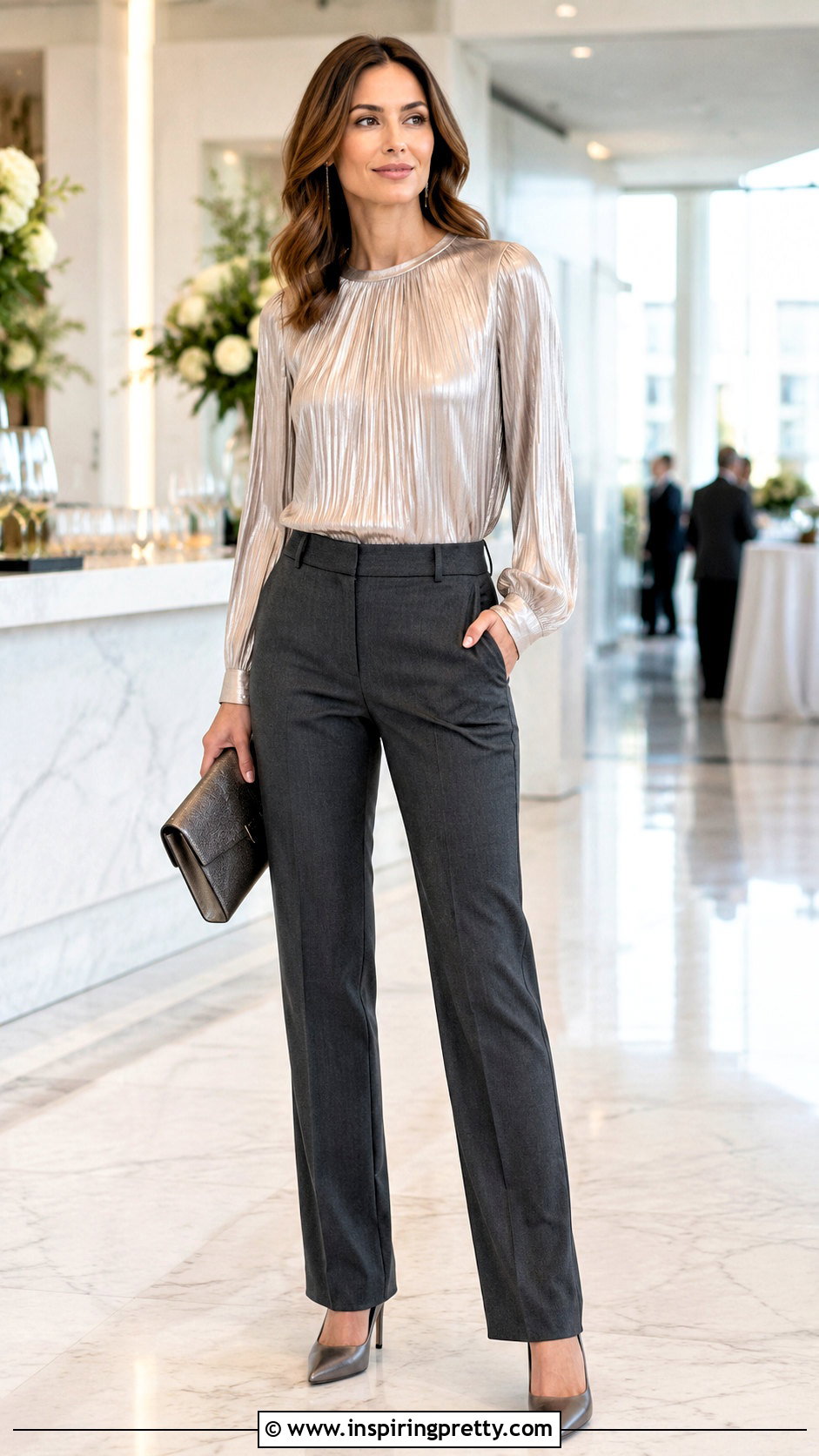 Pleated Top With Straight Leg Pants - 50 dressy tops outfit ideas