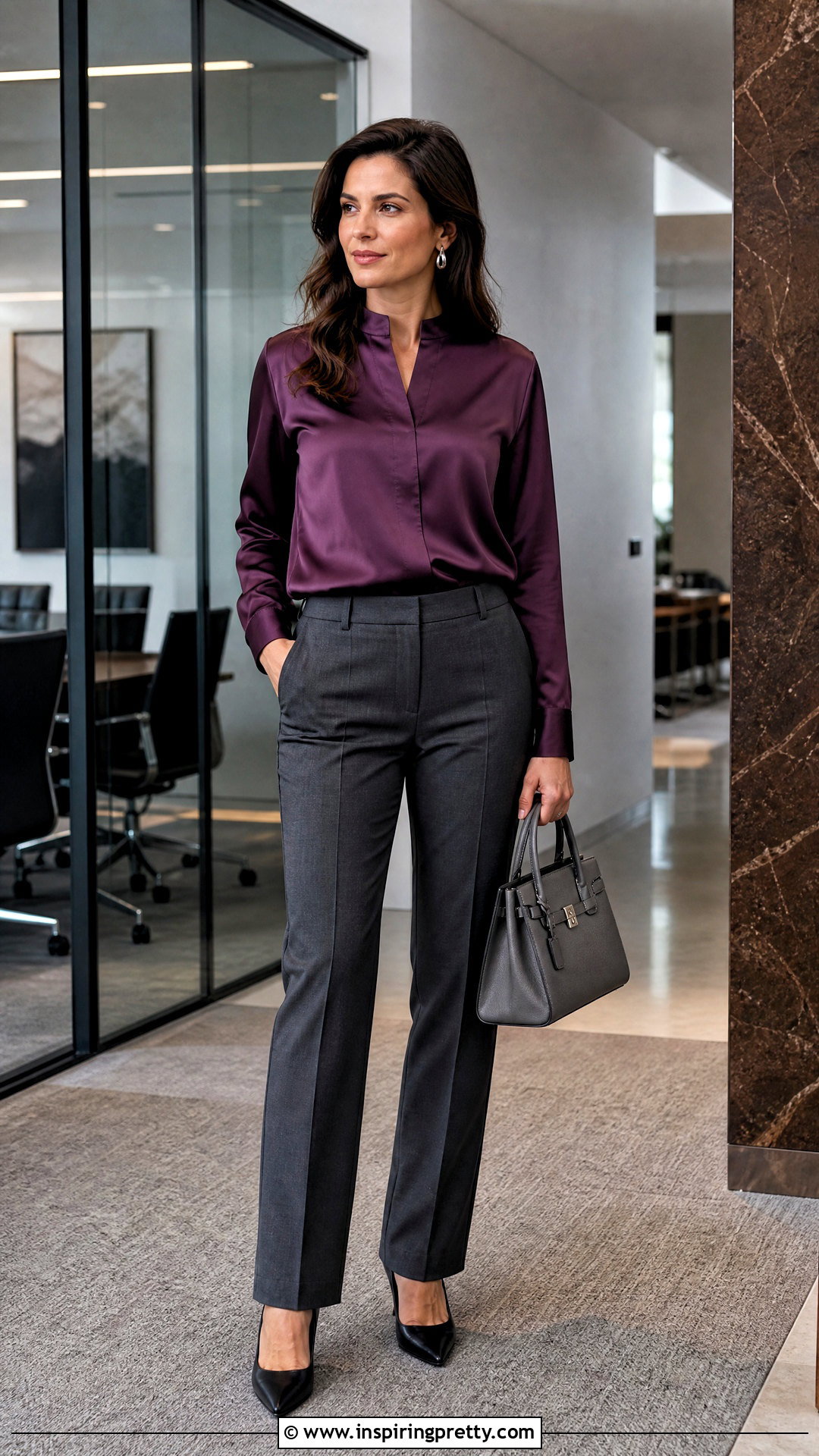 Plum Chinese Top With Gray Trousers - 50 chinese top outfit ideas