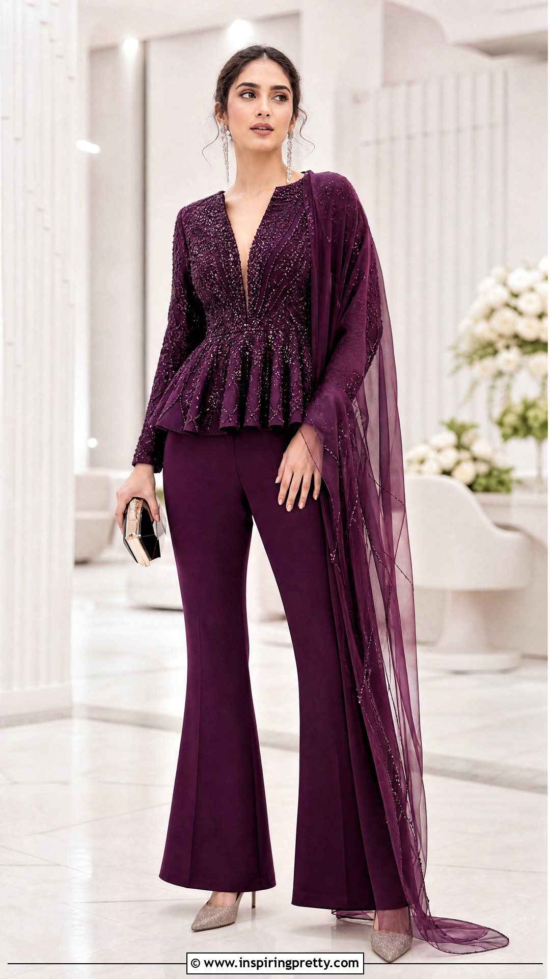 Plum Indian Peplum Top With Flared Trousers - 50 indian peplum top outfits