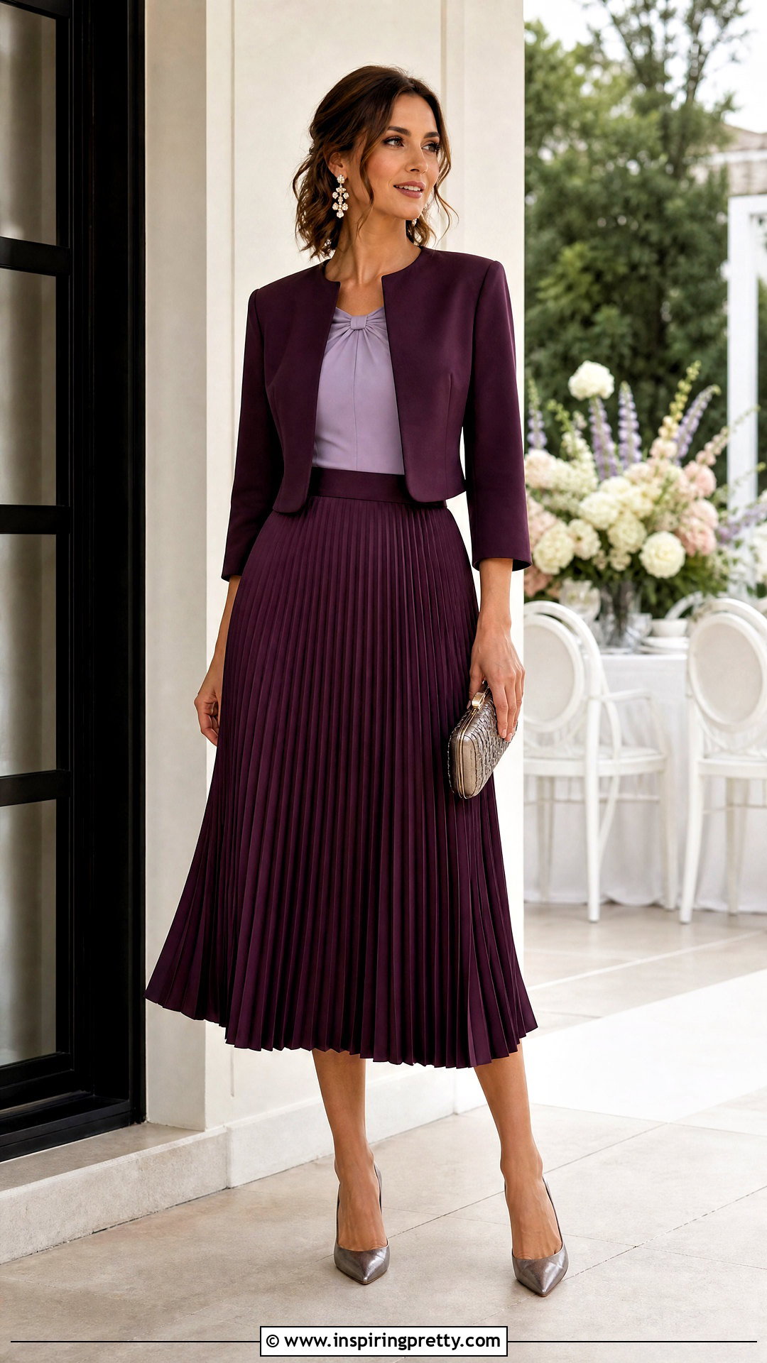 Plum Midi Skirt And Lavender Top - 50 wedding guest skirt and top outfit ideas