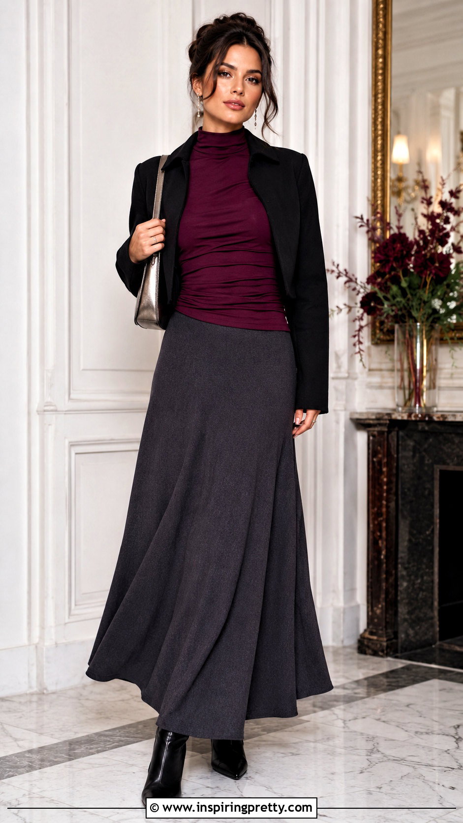 Plum Ruched Mock Neck Top With Maxi Skirt - 25 ruched mock neck top outfit ideas