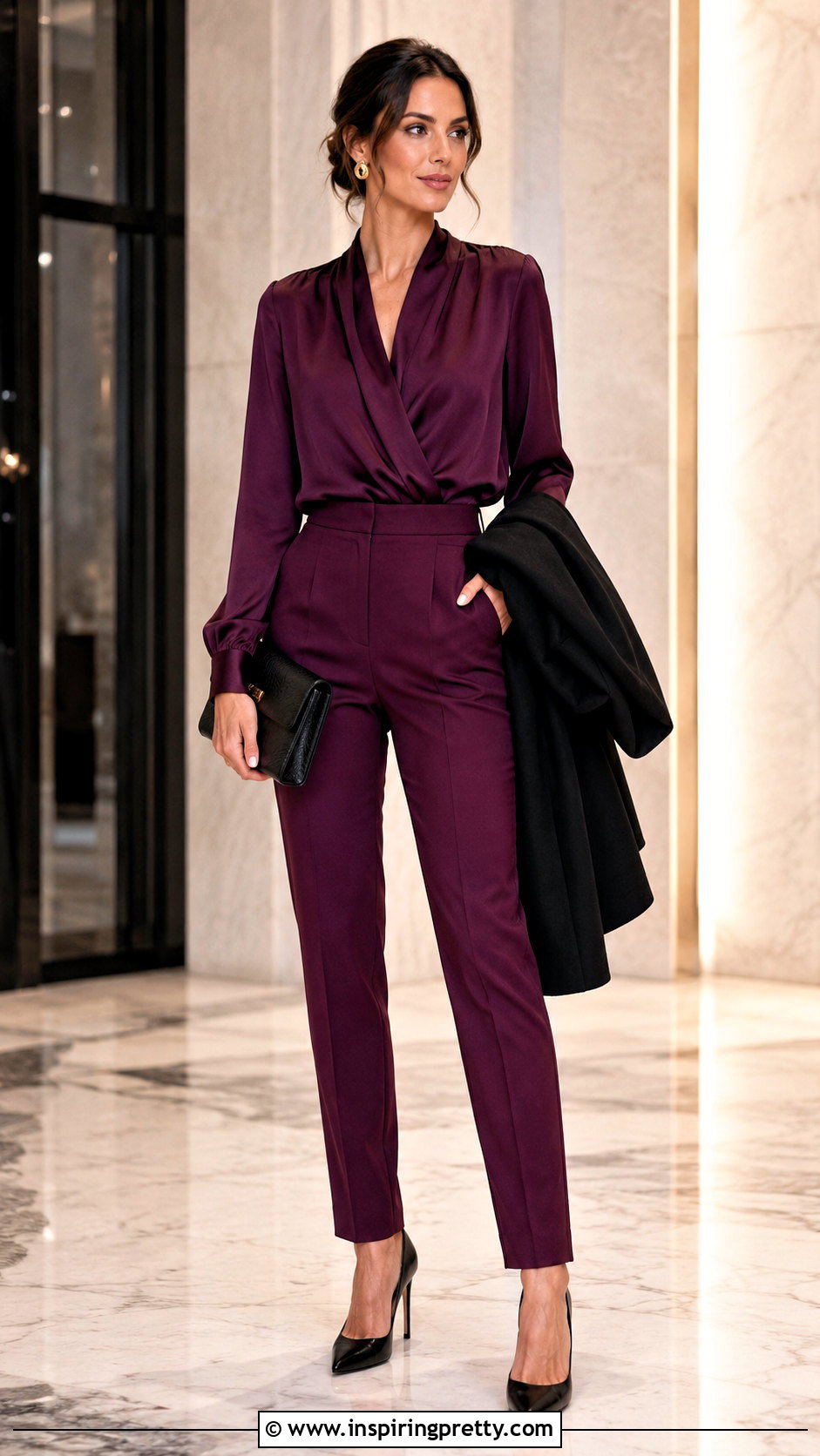 Plum Silk Blouse And Tailored Pants Set - 25 silk top and bottom set outfit ideas