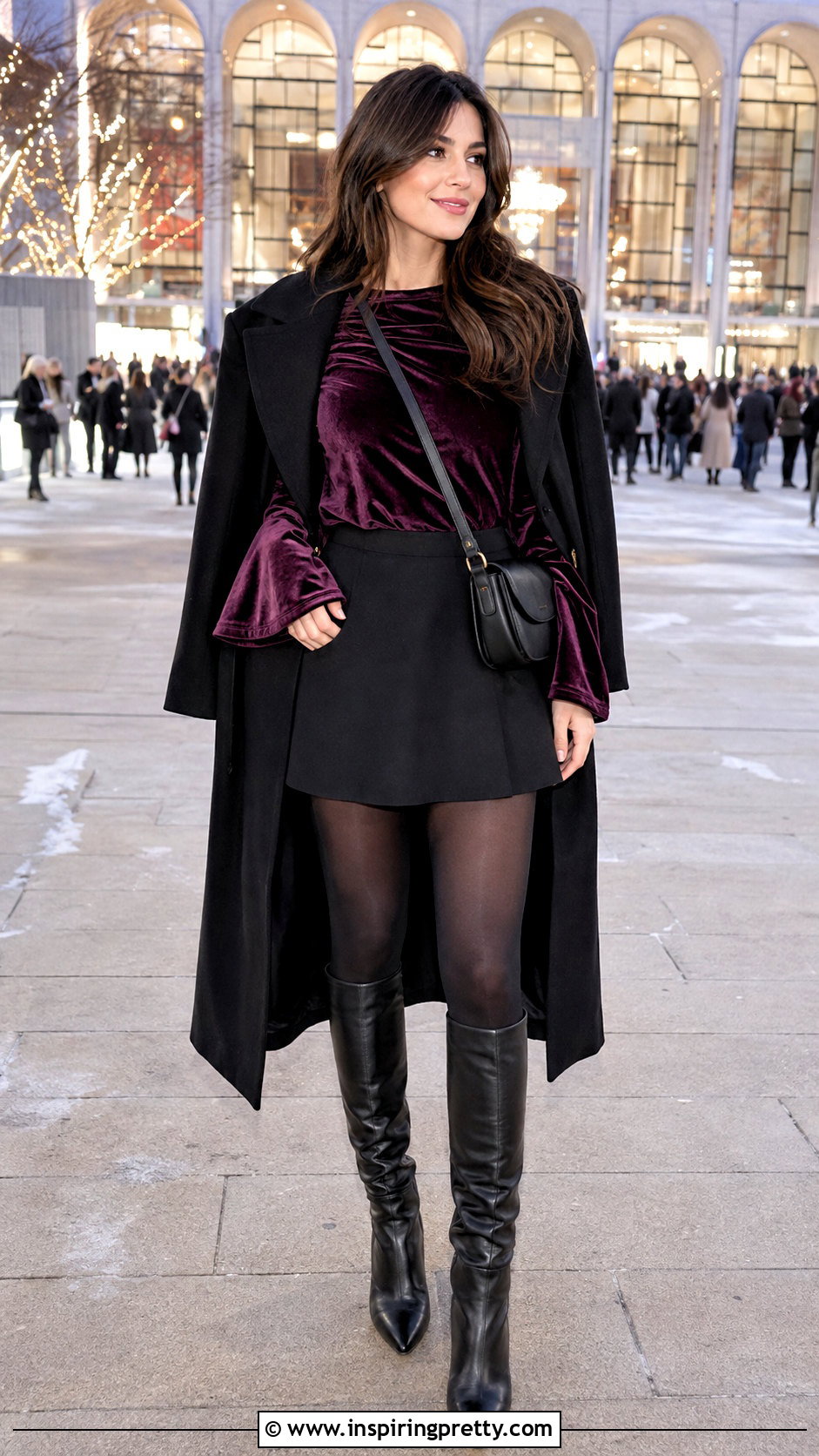 Plum Velvet Bell Sleeve Top With Mini Skirt - 50 velvet tops outfit ideas