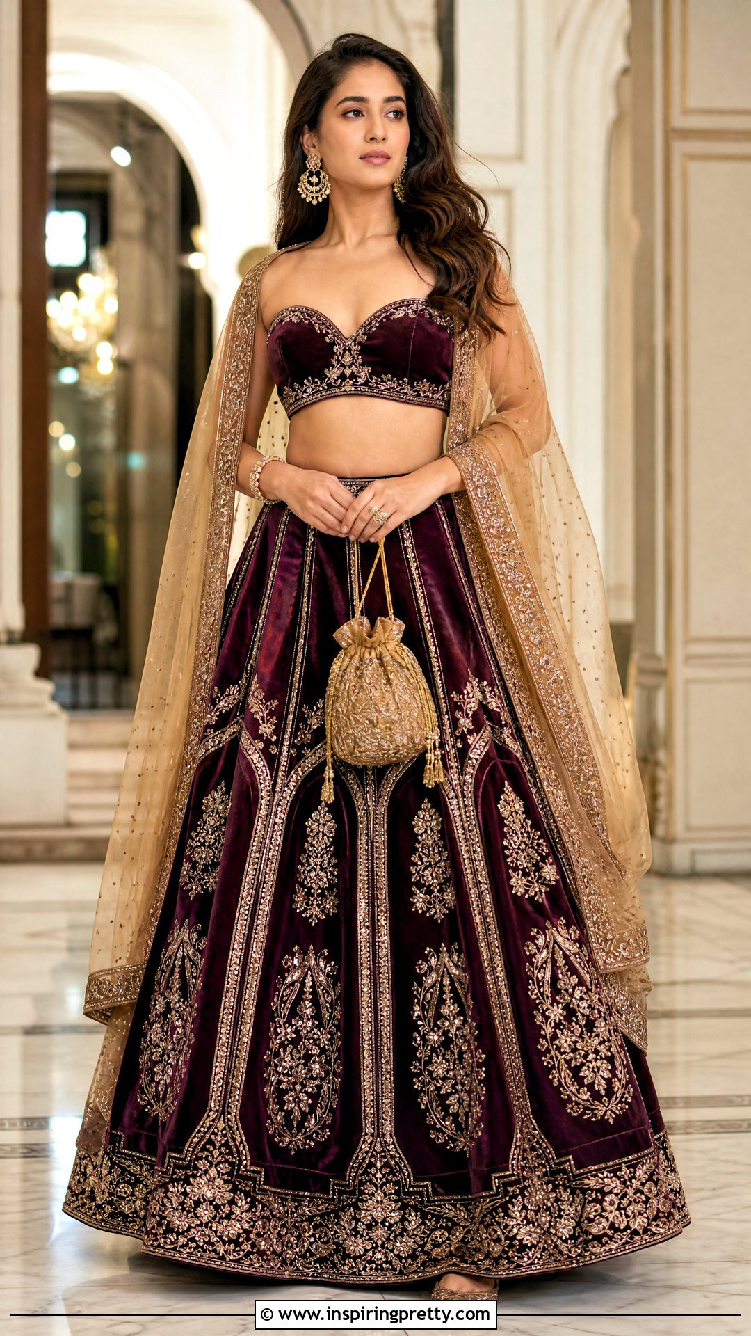 Plum Velvet Crop Top With Gold Embroidery Lehenga - 50 velvet crop top designs for lehengas