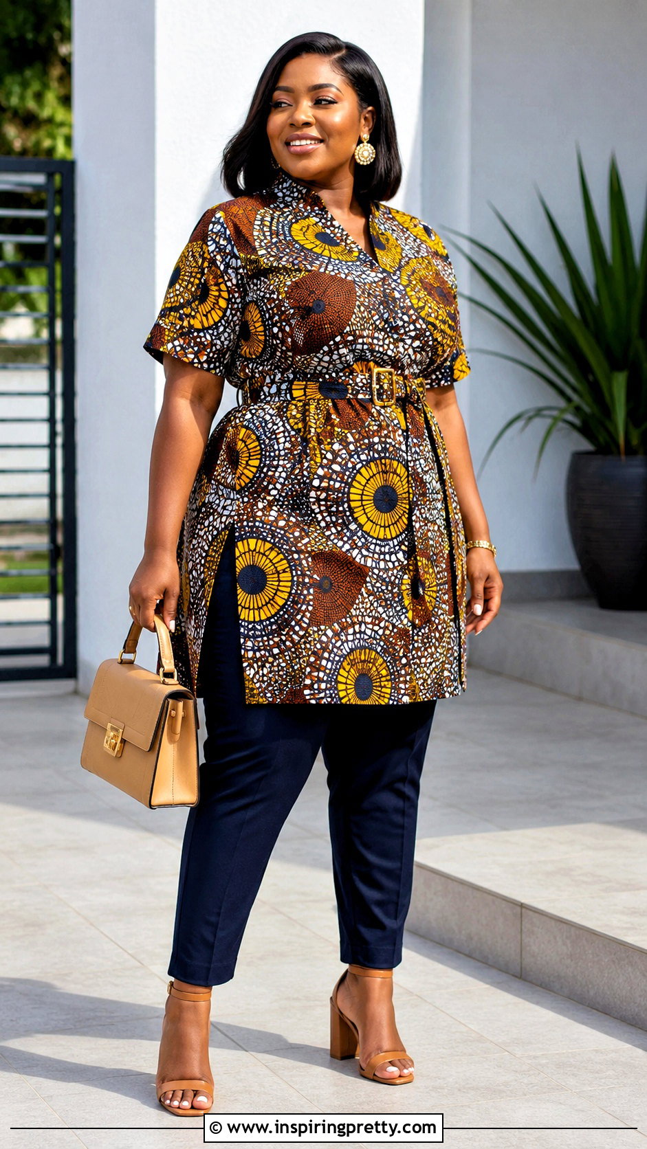 Plus Size Ankara Belted Tunic With Pants - 50 latest ankara top styles