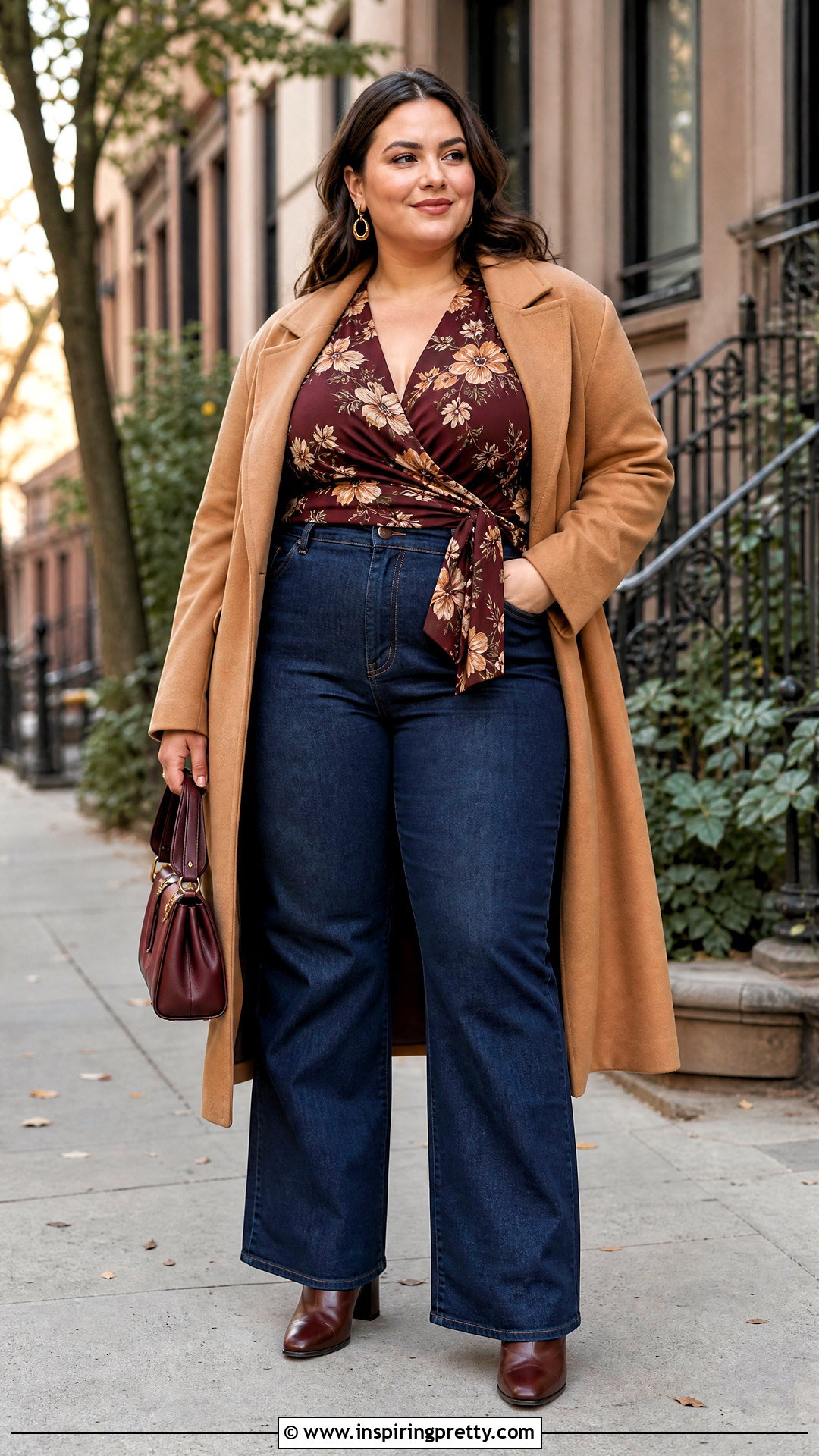Plus Size Autumn Floral Wrap Top With Wide Leg Jeans - 20 Autumn Flower Tops outfit ideas