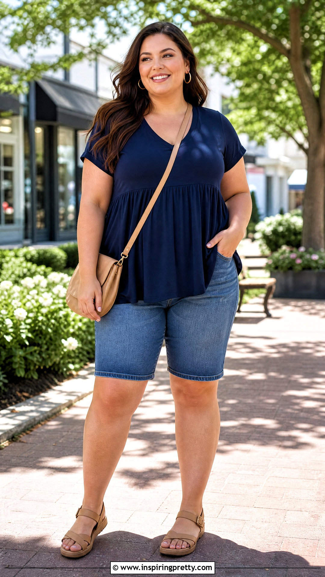 Plus Size Babydoll Top And Denim Shorts Outfit - 50 summer tops outfits