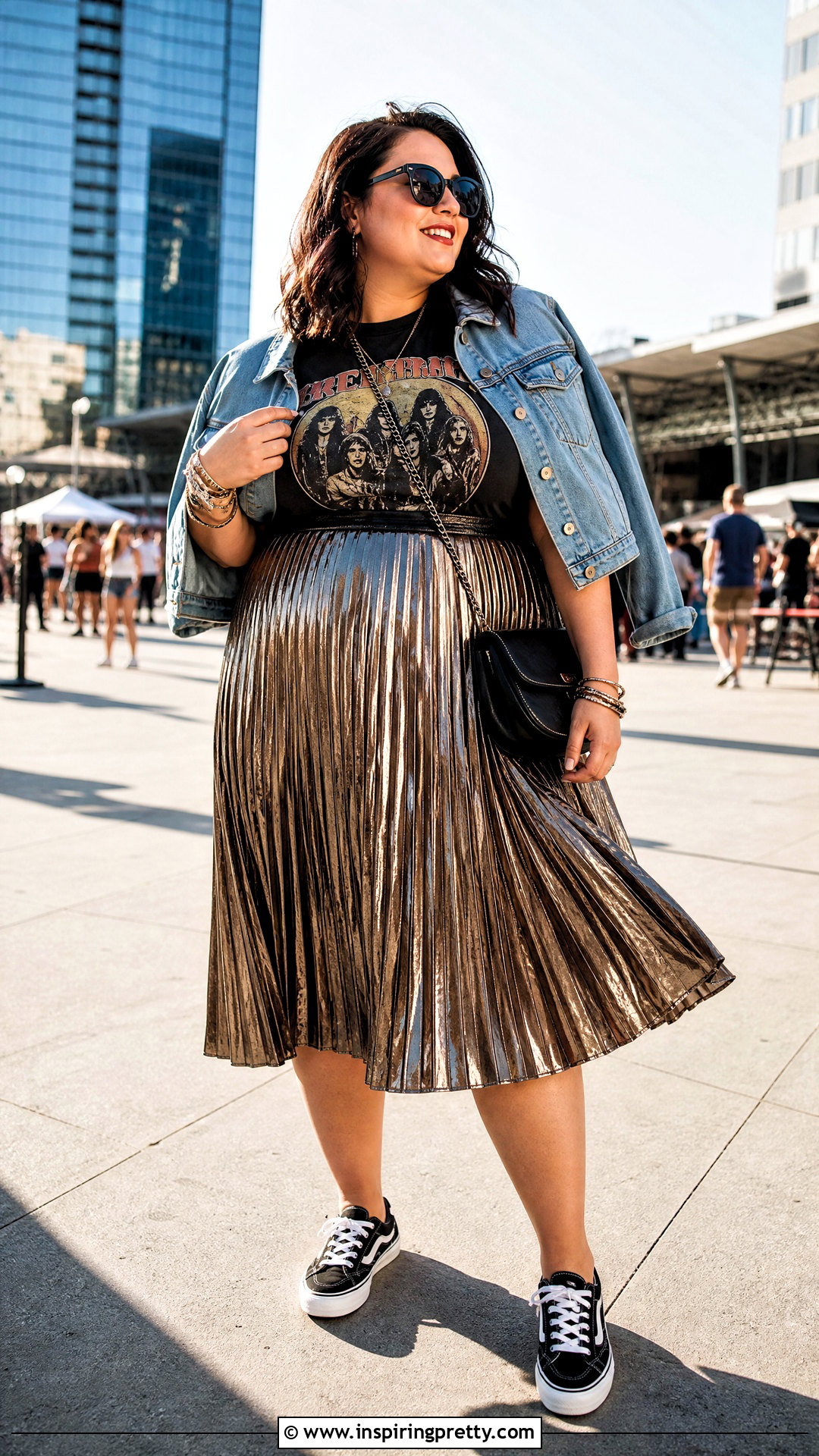 Plus Size Band Tee With Pleated Midi Skirt - 50 plus size tops outfit ideas