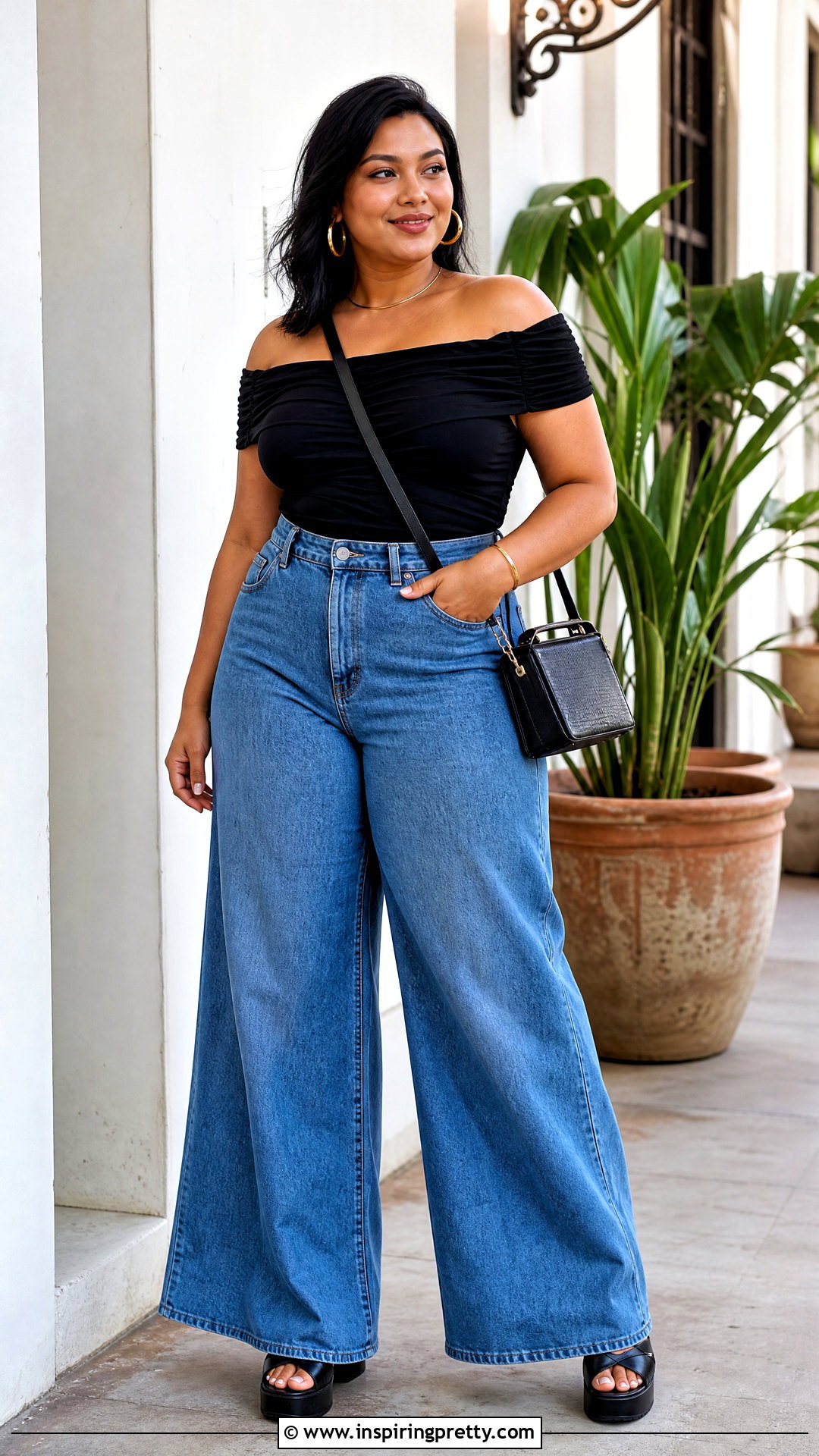 Plus Size Bardot Top With Wide Leg Jeans - 50 bardot top outfit ideas