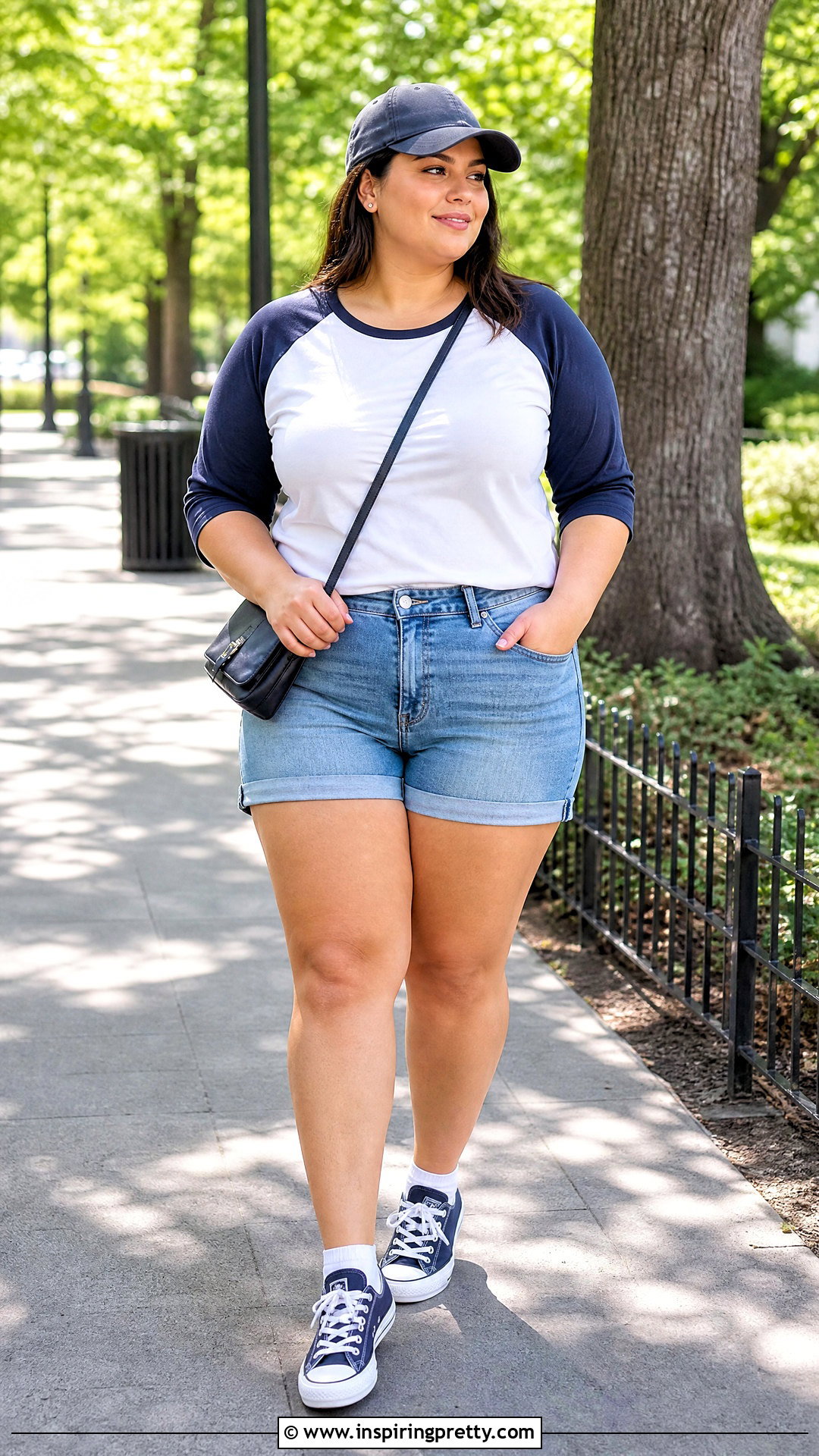 Plus Size Baseball Tee With Denim Shorts - 50 plus size tops outfit ideas