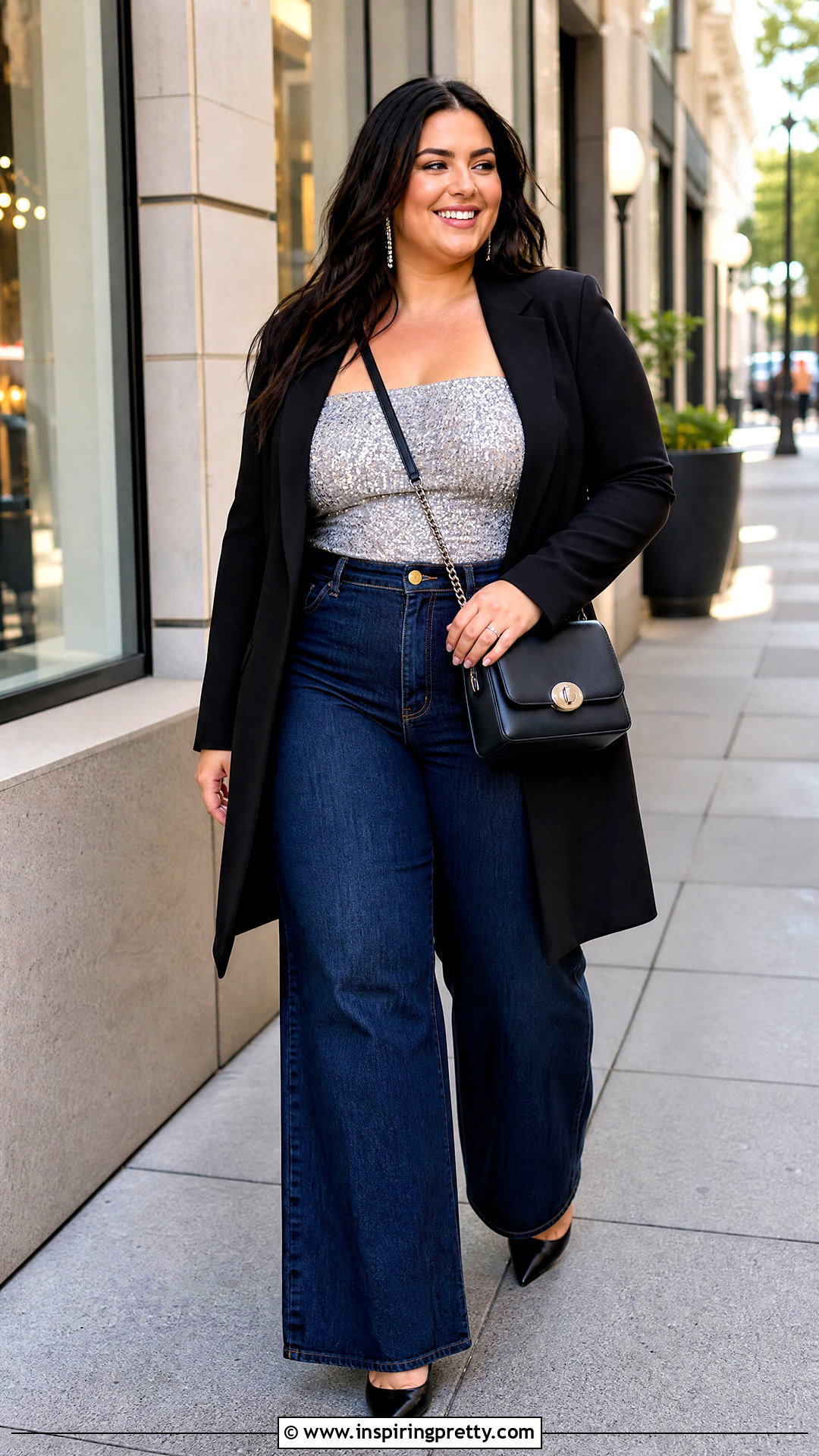 Plus Size Bedazzled Top With Wide Leg Jeans - 50 bedazzled top outfit ideas