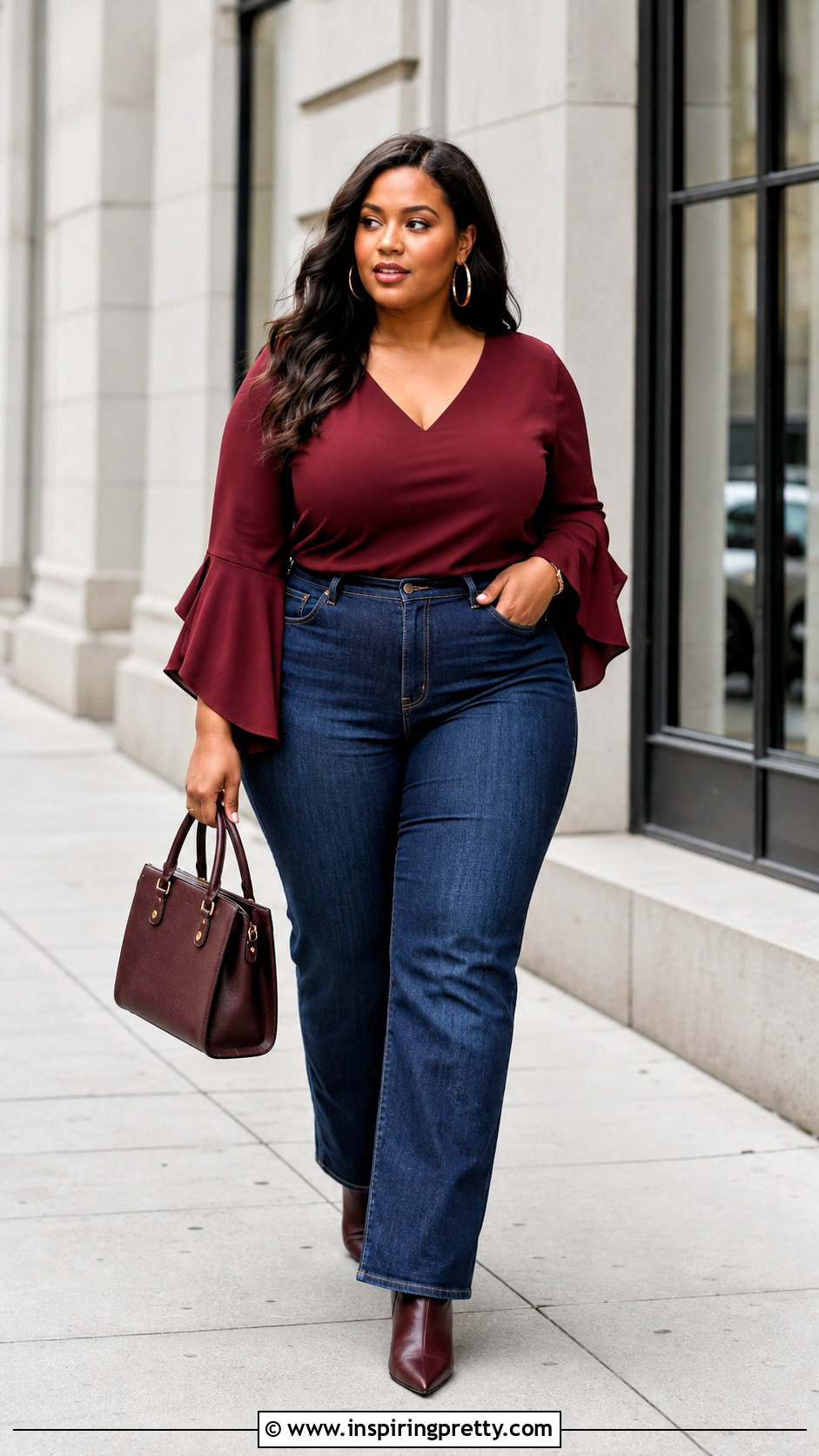 Plus Size Bell Sleeve Top With Dark Wash Jeans - 50 bell sleeve top outfit ideas