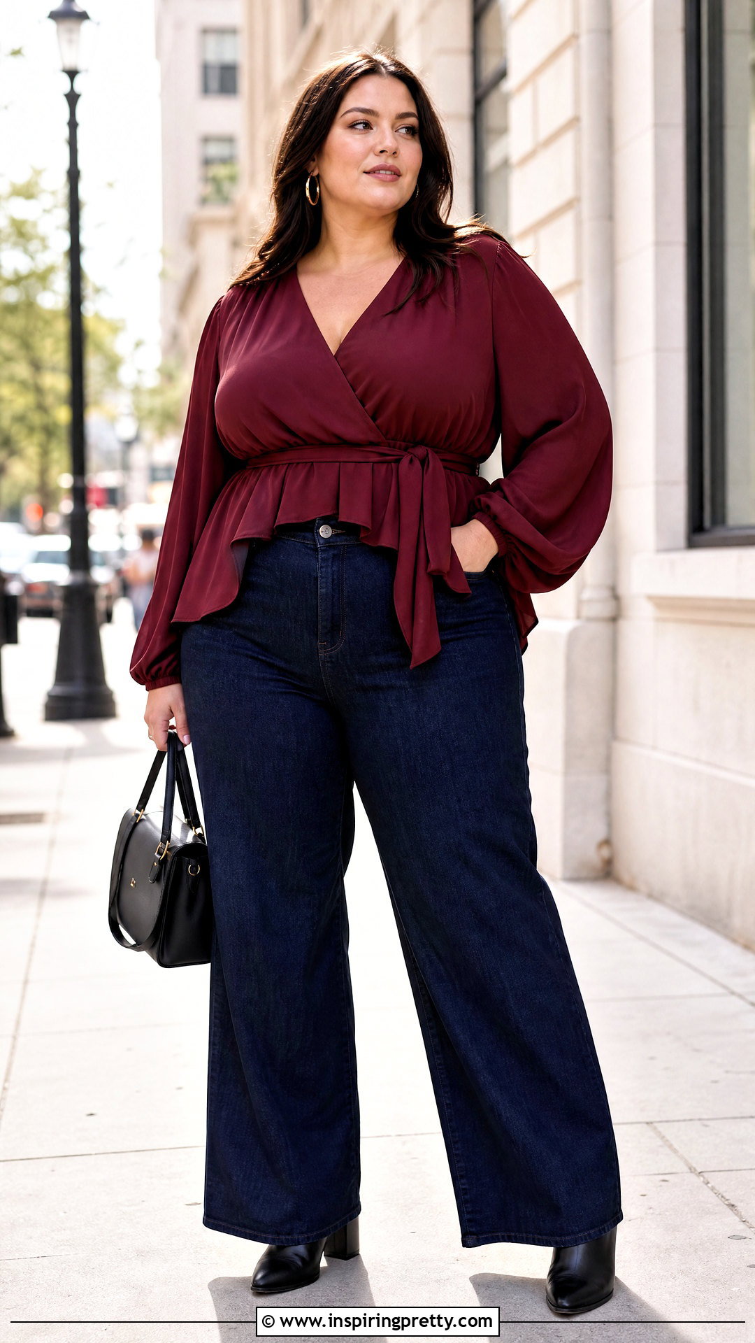 Plus Size Belted Top With Wide Leg Jeans - 50 belt top outfit ideas