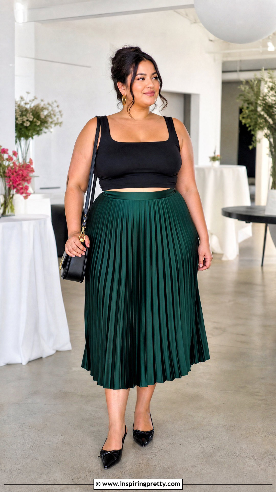 Plus Size Black Crop Top With Pleated Midi Skirt - 25 Plus Size Crop Top Outfit High Waist Skirts