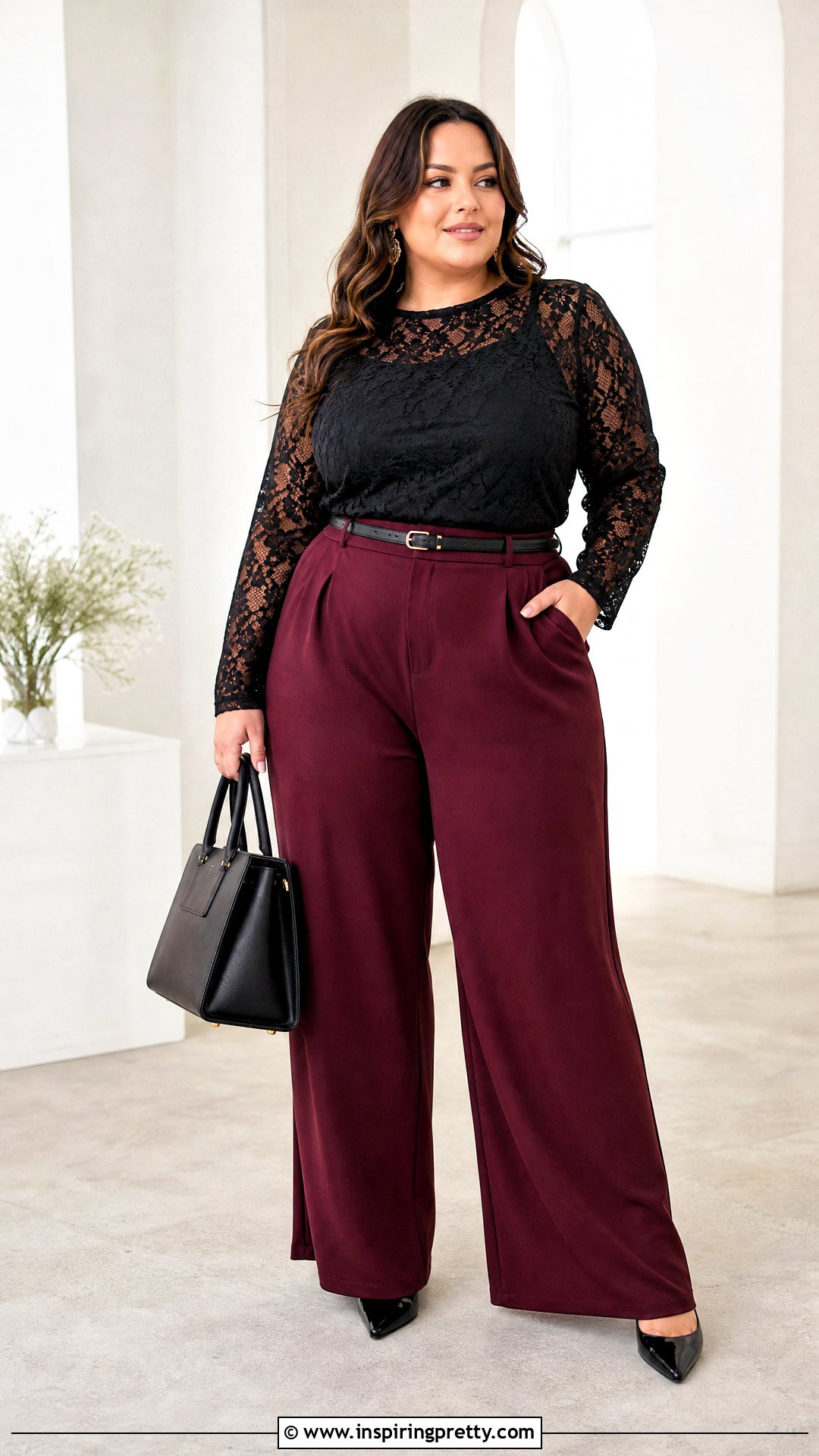 Plus Size Black Lace Top With Wide Leg Pants - 50 black lace top outfit ideas