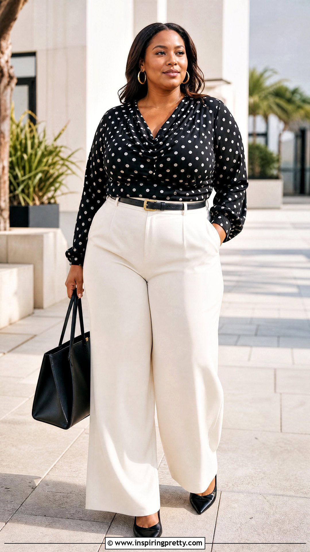 Plus Size Black Polka Dot Top With Wide Leg Pants - 50 black polka dot top outfit ideas