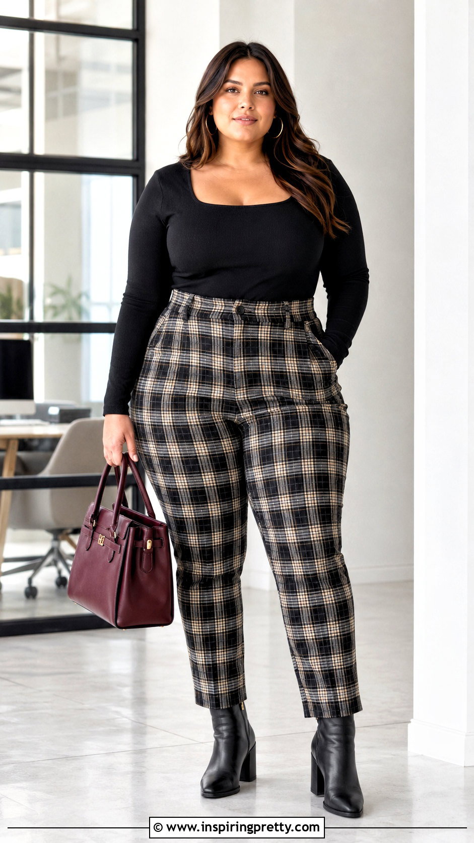Plus Size Black Square Neck Top With Plaid Pants - 50 shein tops codes