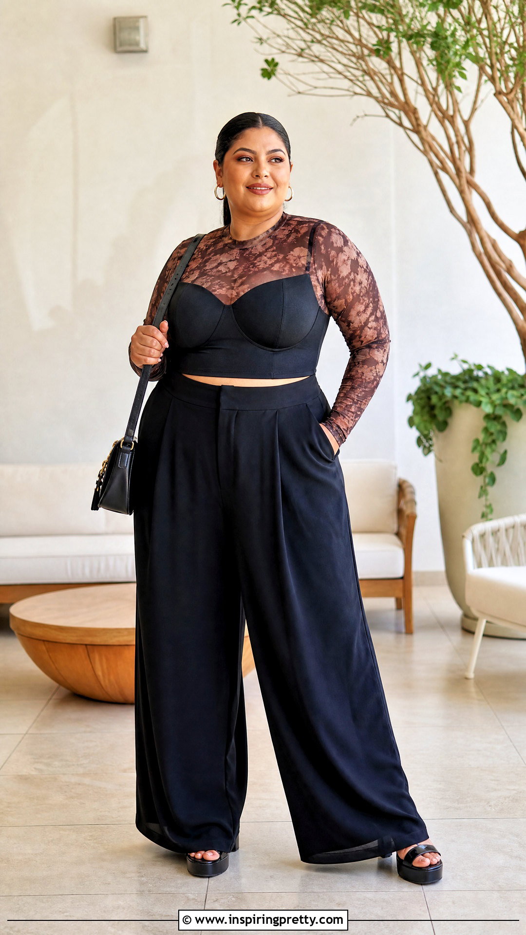 Plus Size Bralette Mesh Top With Palazzo Pants - 25 bralette mesh top outfit ideas