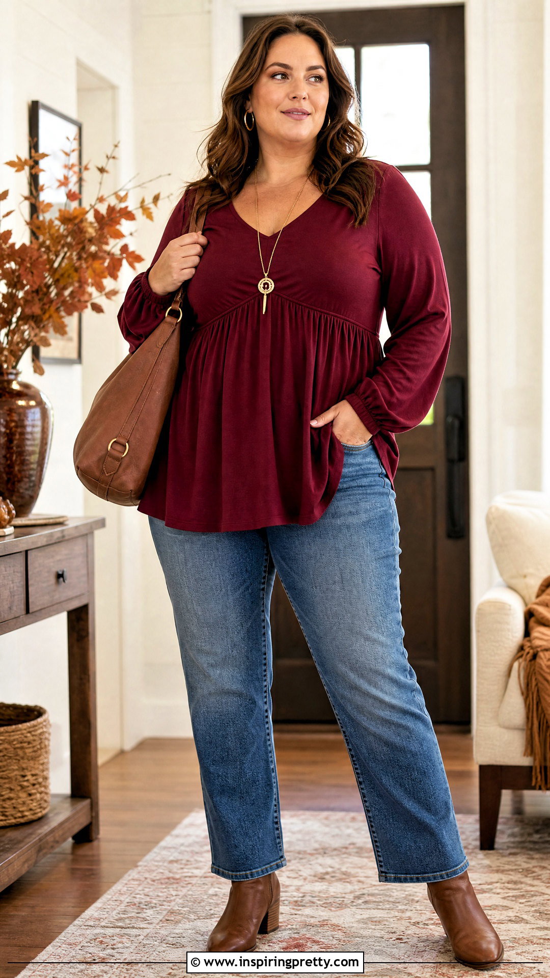 Plus Size Burgundy Empire Top and Straight Jeans - 50 burgundy top and jeans outfit ideas
